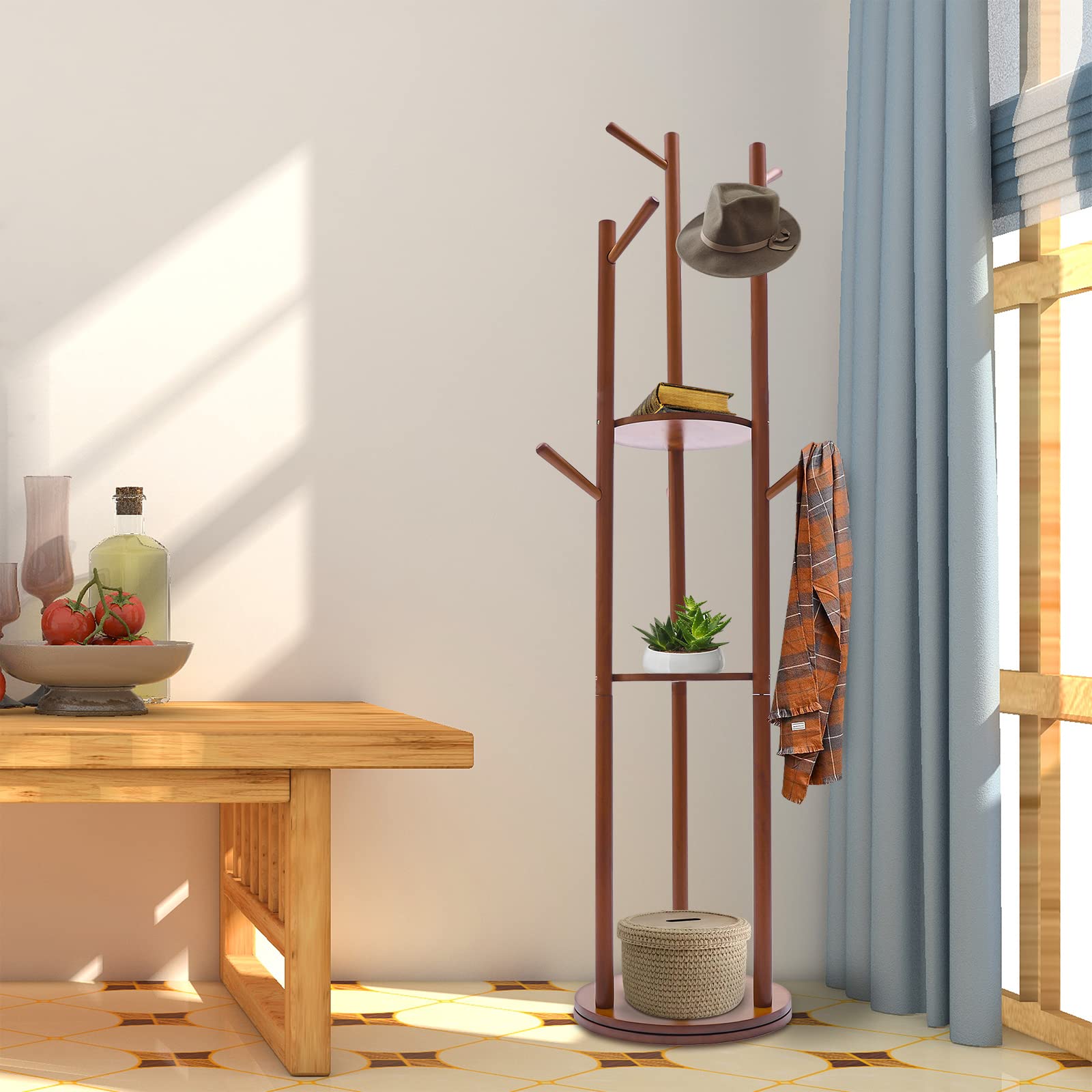 **Freestanding Wooden Coat Rack with Shelf - Rotary Hall Tree for Entryway, Hallway & Bedroom - Durable Black Coat Hanger for Jackets, Hats & Bags**