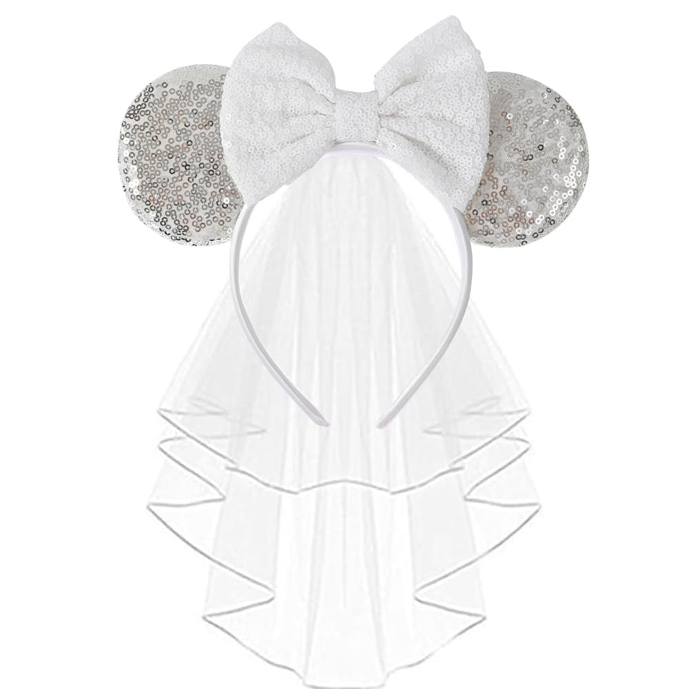 JIAHANG Bridal Veil Mouse Ear Bow Headband - Silver Wedding Hair Accessory for Bachelorette Party, Honeymoon & Bridal Shower | Perfect for Women & Girls' Special Occasions