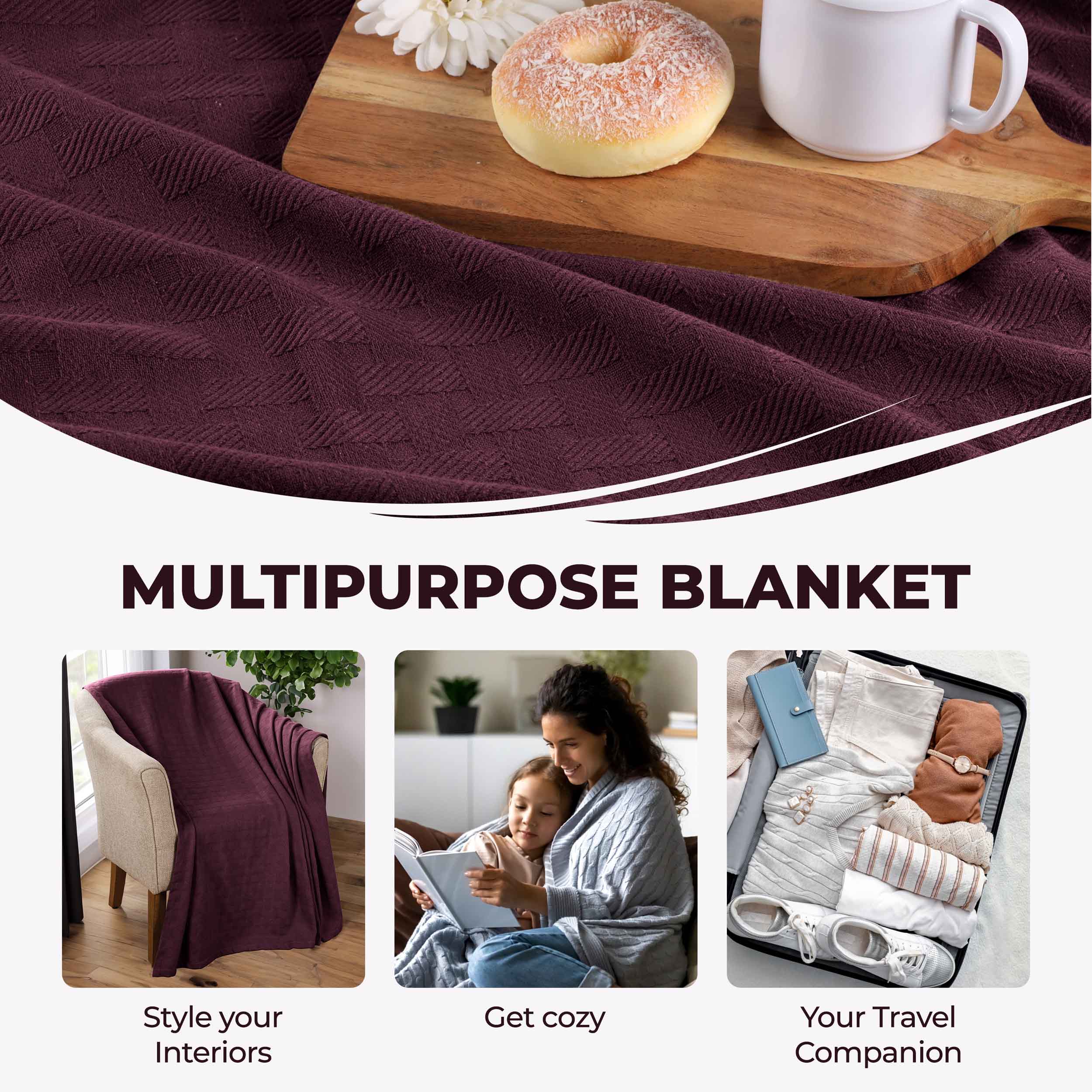 Soft Basketweave All-Season Cotton Bed Blanket & Sofa Throw - Lightweight Breathable Blanket for Bedroom, Living Room, Travel and Outdoor Use