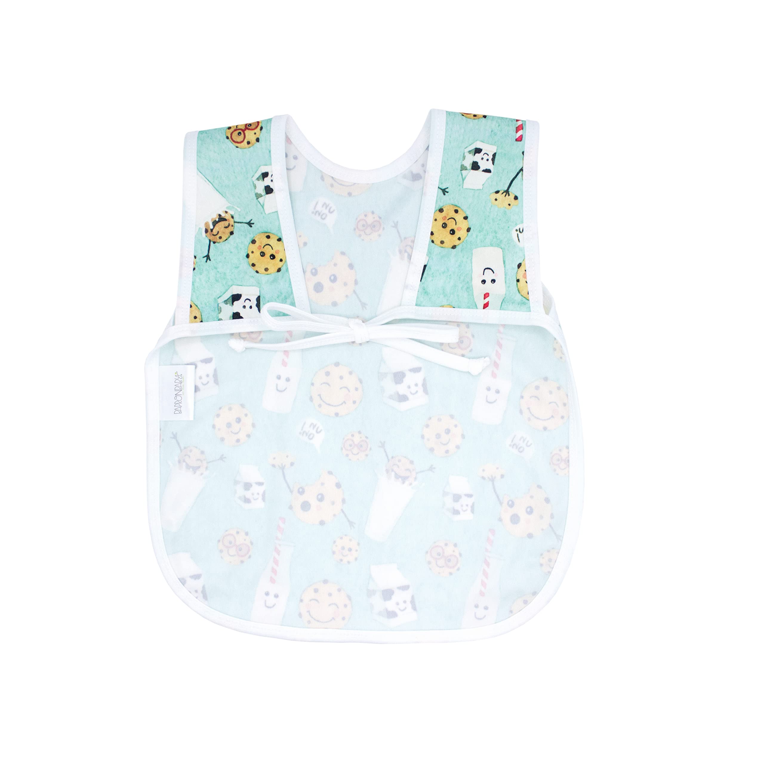BapronBaby Cookies & Milk Bapron - No Neck Tie Safer Bib for Babies & Toddlers 3-5 Years - Soft Waterproof & Stain Resistant Feeding Apron - Machine Washable Preschool Bib - Perfect for Mealtime, Snacks & Messy Play