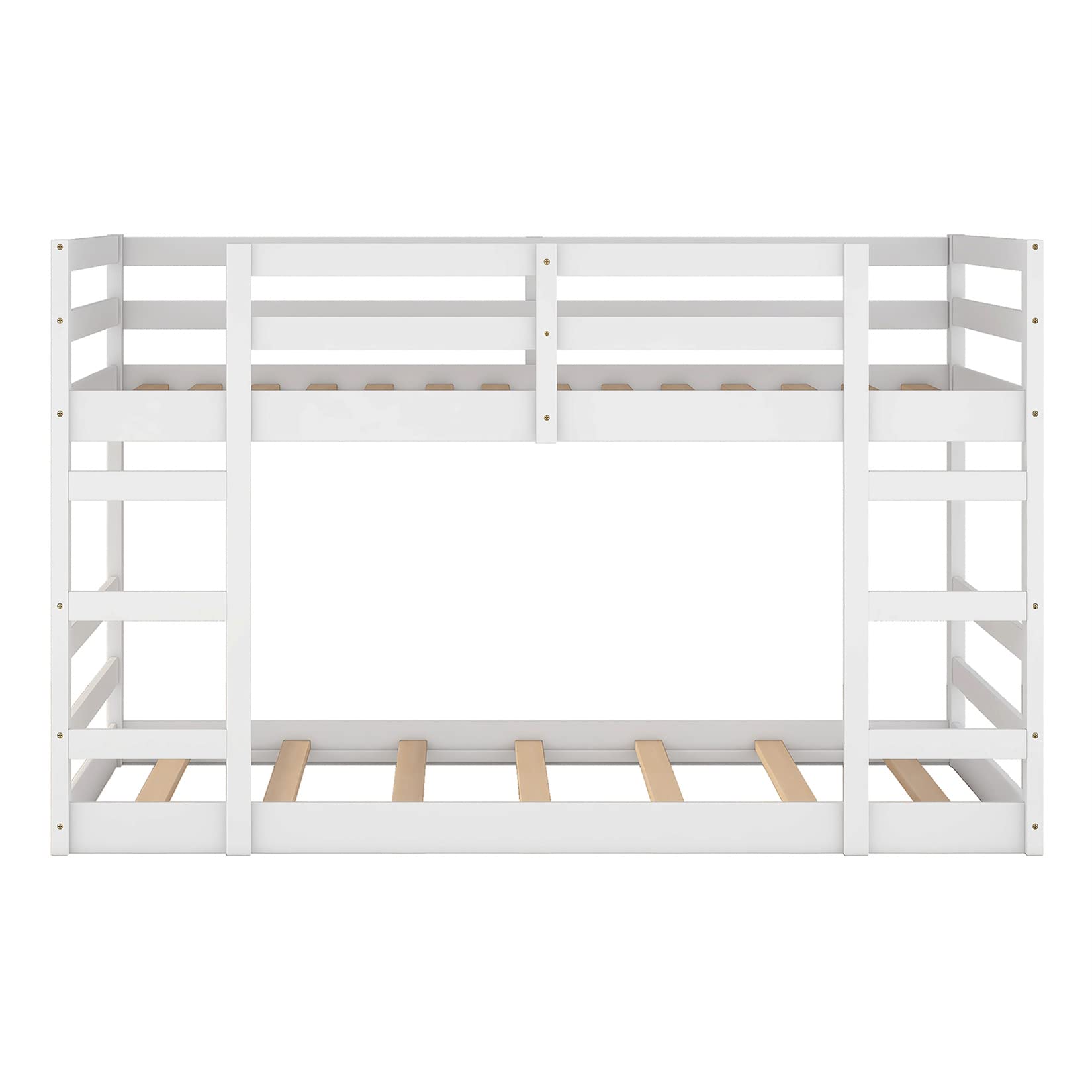 Twin Over Twin Wooden Bunk Bed Frame for Kids & Teens - Low Profile Floor Bunkbed for Boys, Girls, Toddlers - Perfect for Small Bedrooms, Dorms & Shared Kids' Rooms (White)
