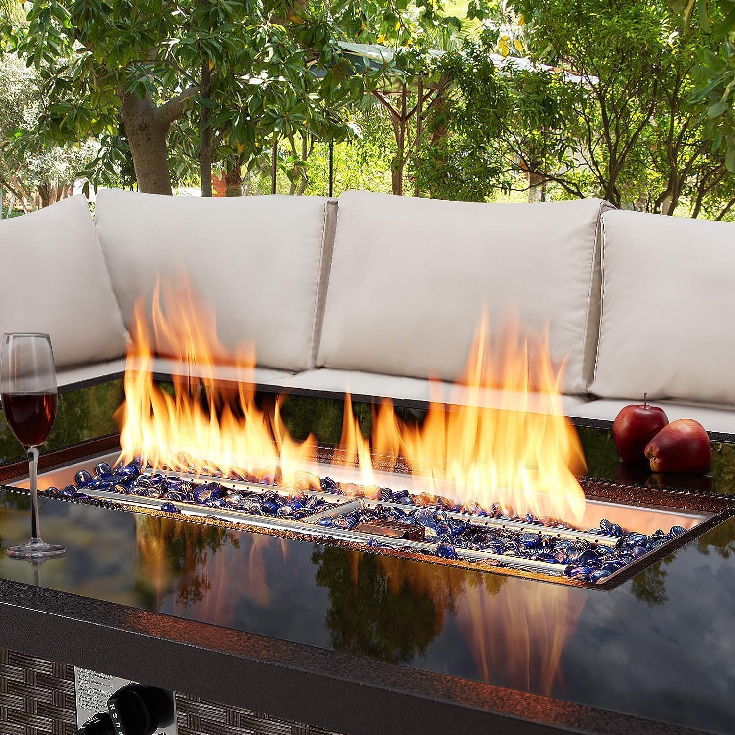 U-MAX 44 Inch Outdoor Propane Fire Pit Table - 50,000 BTU Auto-Ignition Gas Fire Pit with Wind Guard, Black Tempered Glass Top & Blue Fire Glass Rocks, Brown PE Wicker, CSA Certified - Perfect for Patio, Backyard, Deck and Garden Gatherings