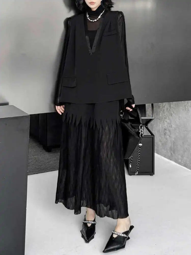 Black Big Size Vest Pleated Skirt Two-Piece Set - Women's Fashion V-Neck Sleeveless Outfit for Spring & Autumn 2025 (1DJ0261) | Trendy Office Wear & Casual Date Night Ensemble