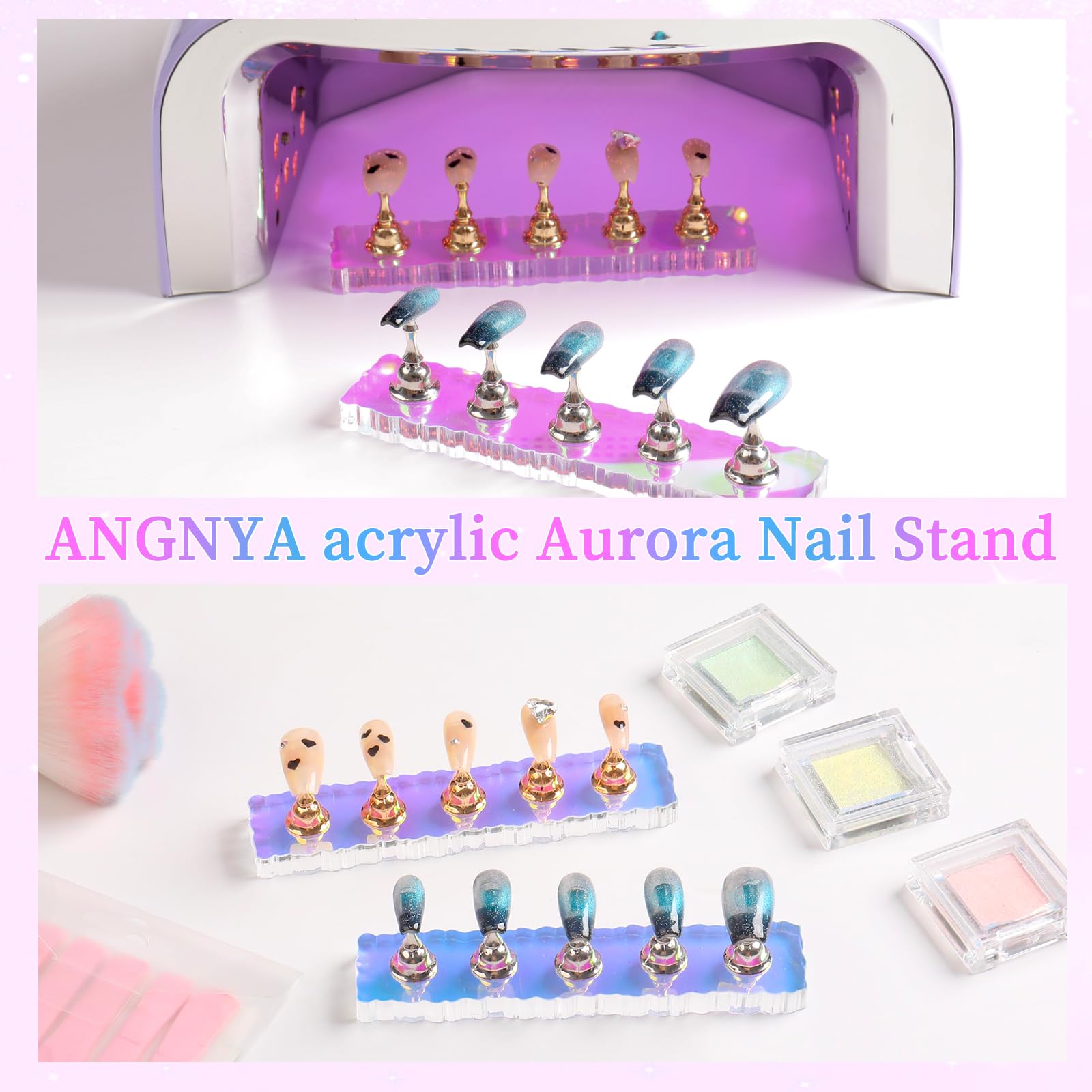 ANGNYA 2 Pack Magnetic Nail Stand Set with 96 Pcs Reusable Sticky Putty - Aurora Nail Holder for Press On & Hand Practice - Perfect for Nail Art, Home Salon & Professional Use