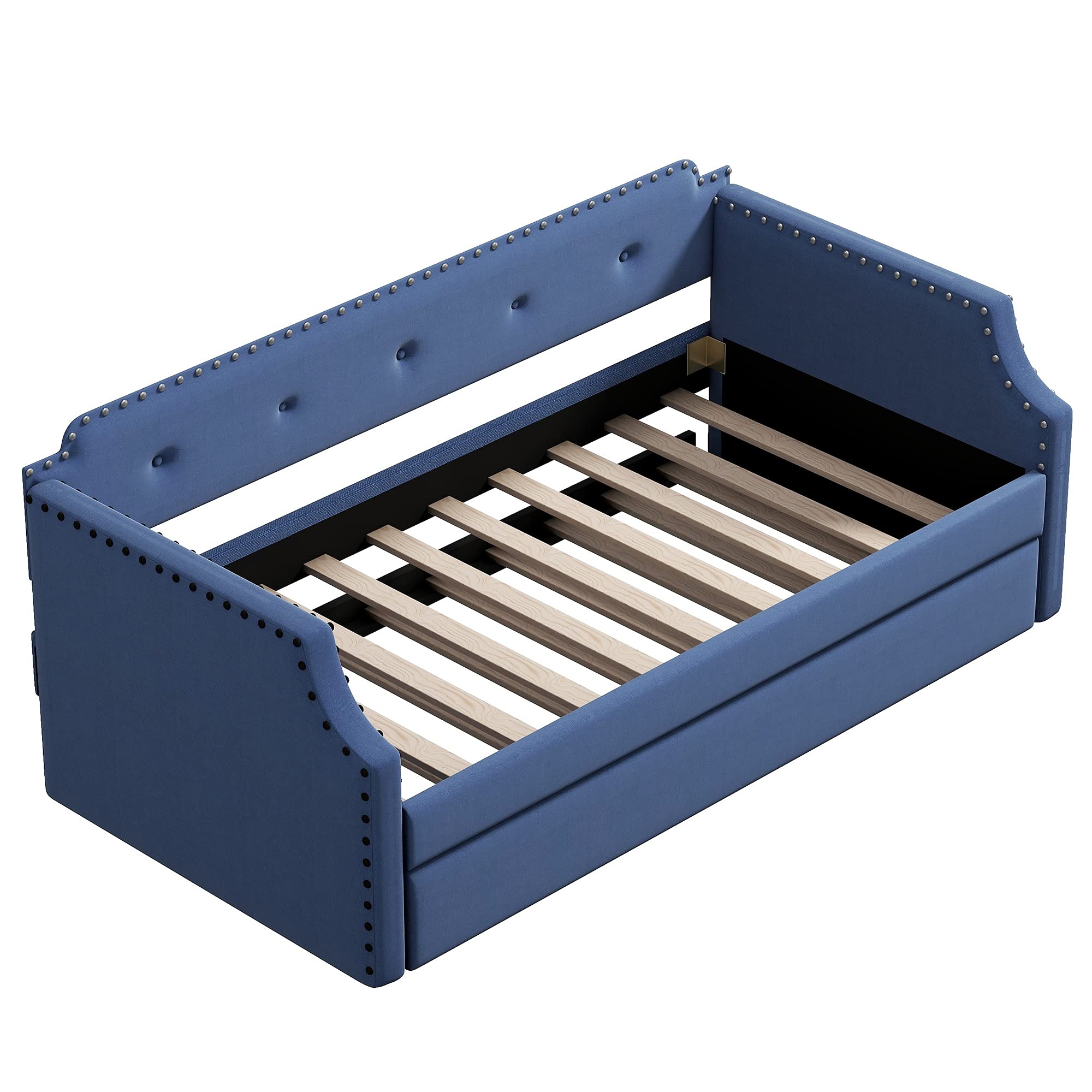 Merax Twin Size Upholstered Daybed with Trundle - Wooden Sofa Bed for Living Room & Guest Room, No Box Spring Needed, Blue Fabric | Perfect for Small Spaces, Sleepovers & Multi-Purpose Furniture