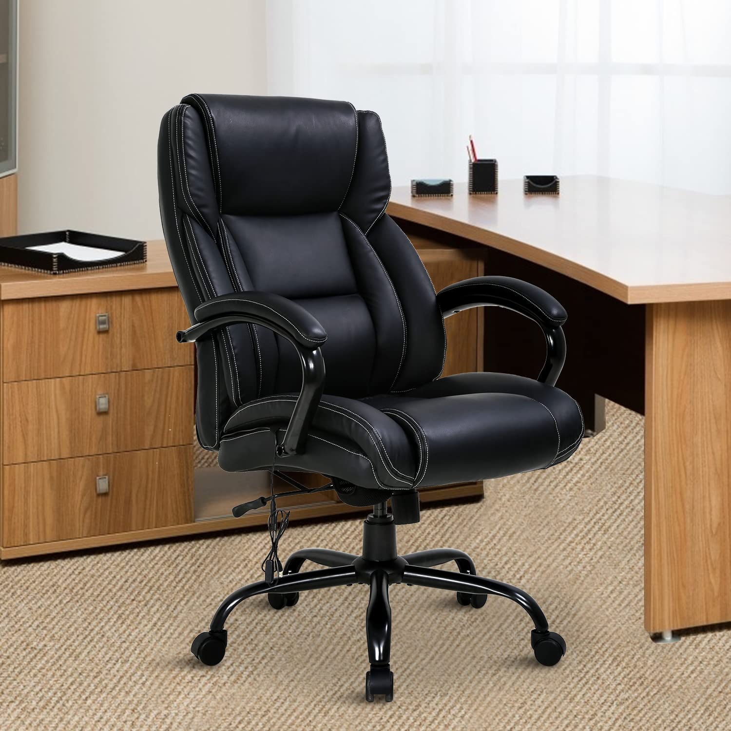 Big and Tall Office Chair Heavy Duty 500lbs - Ergonomic High Back Executive Desk Chair with Lumbar Support & Massage Function - PU Leather Computer Swivel Task Chair for Adults - Perfect for Home Office, Gaming & Workspace (Black)