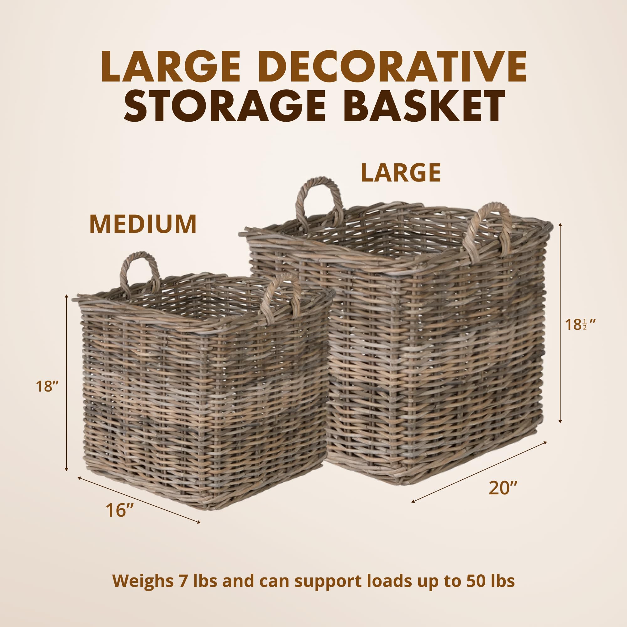 KOUBOO Large Square Rattan Basket - Handmade Woven Storage Bin for Blankets, Toys & Laundry | Gray & Brown Decorative Basket for Living Room, Bedroom & Nursery Organization