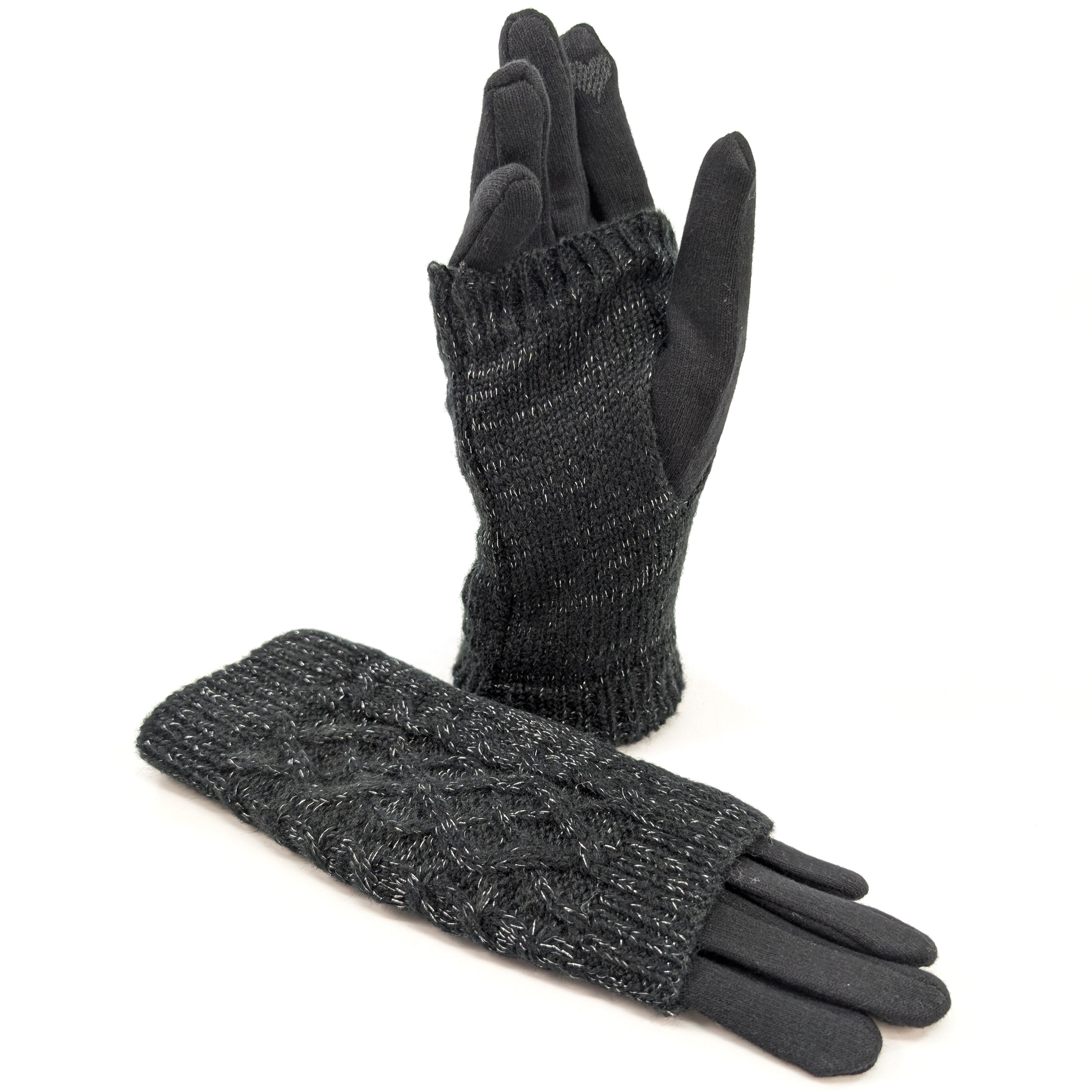 Warm Cable Knit Two-in-One Sparkle Gloves for Women - Black | Winter Fashion Accessories for Cold Weather & Holiday Outfits
