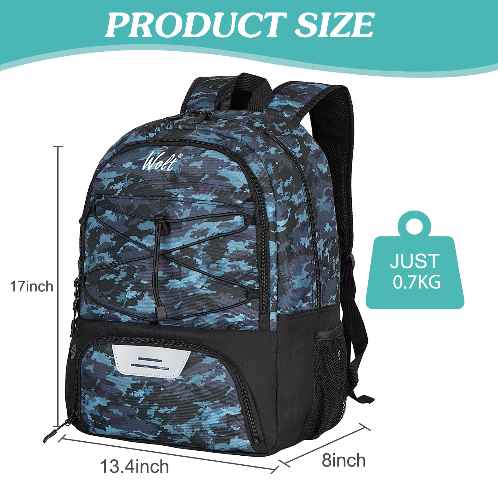 WOLT Youth Soccer Backpack - Lightweight Sports Bag with Cleat Shoe & Ball Compartments for Soccer, Basketball, Volleyball - Perfect for Training, Games & Travel