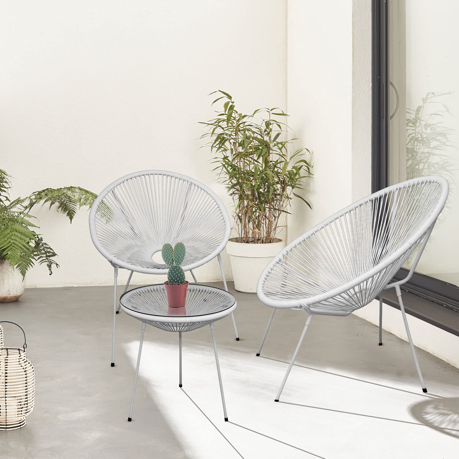 3-Piece Acapulco Chair Set - All-Weather Wicker Patio Furniture with 2 Plastic Rope Chairs & Glass Top Table - Modern Outdoor Seating for Garden, Poolside, Balcony & Backyard (White) - Perfect for Relaxing, Entertaining & Sunbathing