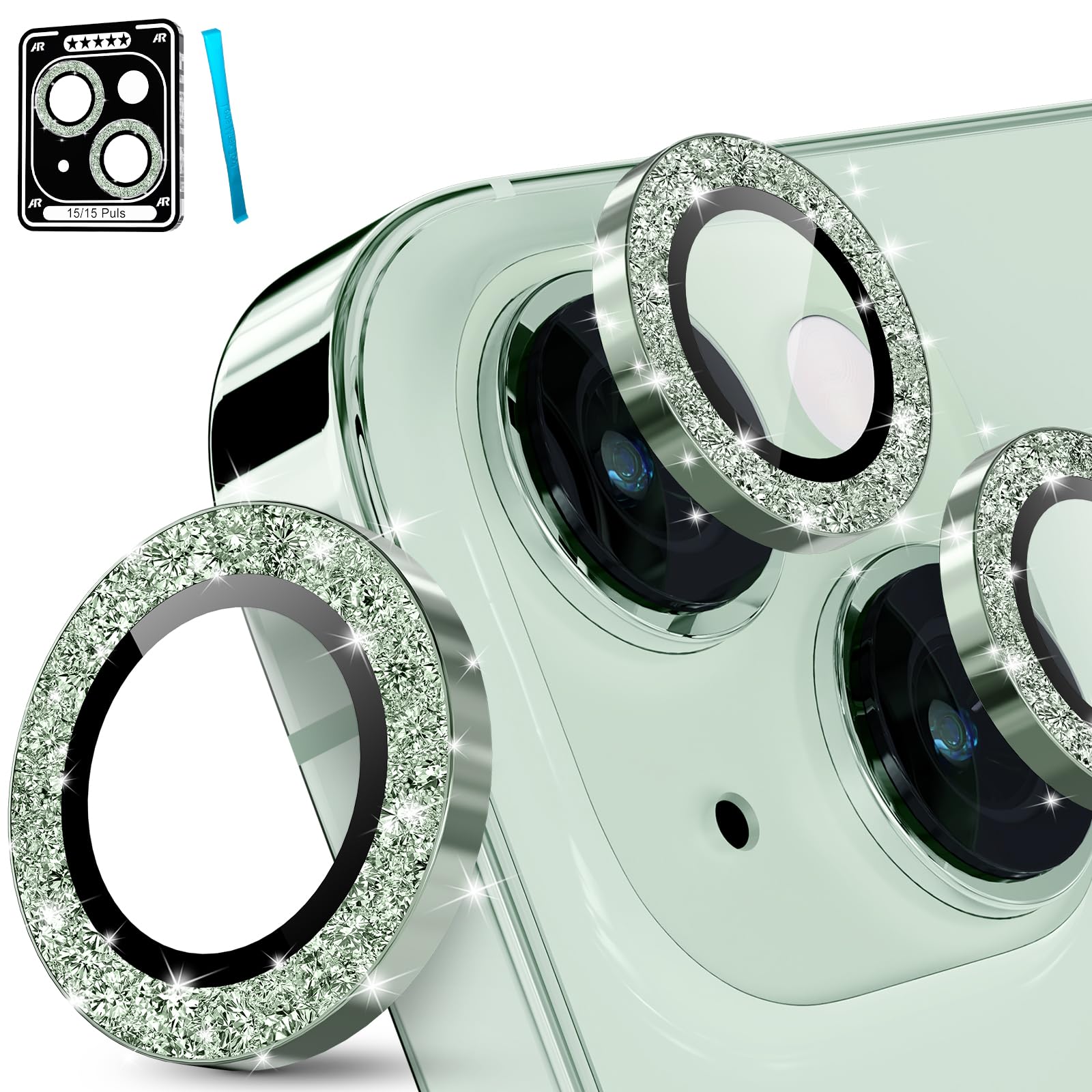 **iMLuckies iPhone 15 & iPhone 15 Plus Camera Lens Protector - HD Clear Bling Aluminum Alloy Ring, 9H Tempered Glass Back Screen Protector (Glitter Green) - Perfect for Photography, Travel & Everyday Protection**