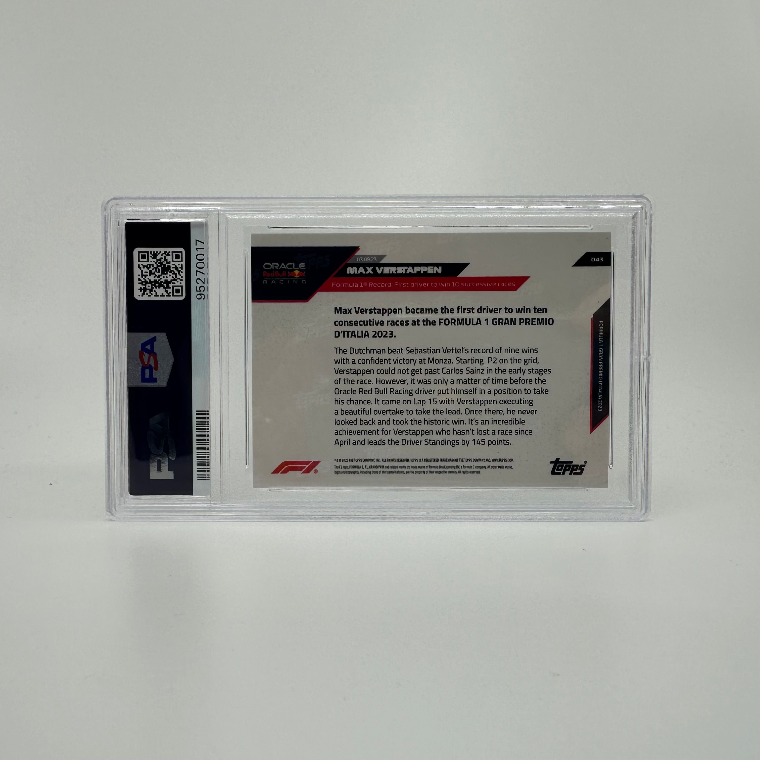 PSA 10 Graded Max Verstappen 2023 Topps Now #43 Racing Card - 10 Wins Championship Season - Perfect for Sports Collectors & F1 Memorabilia Displays