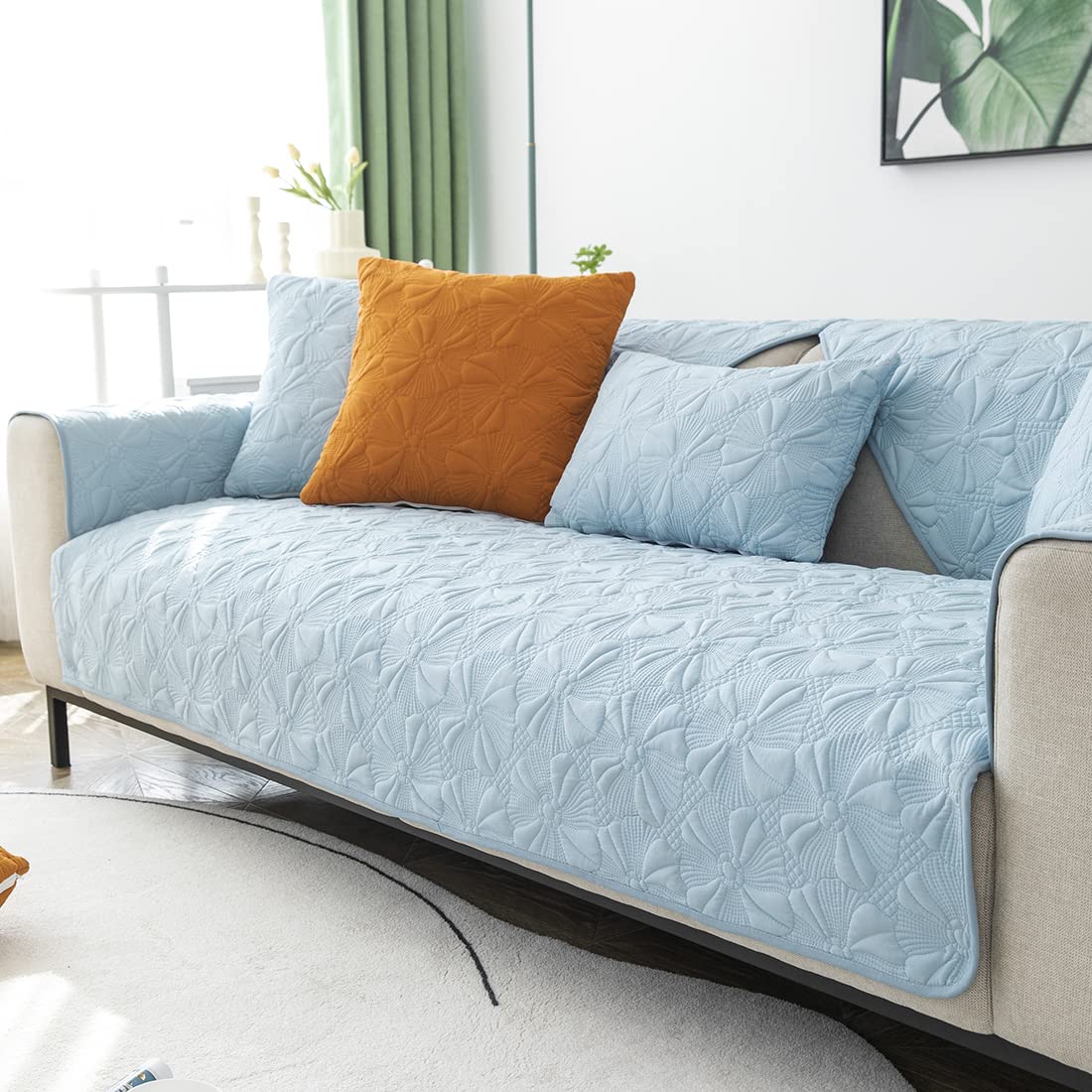 Vctops Non-Slip Quilted Cotton Sofa Cover - Blue Embroidery Couch Protector for Pets (43