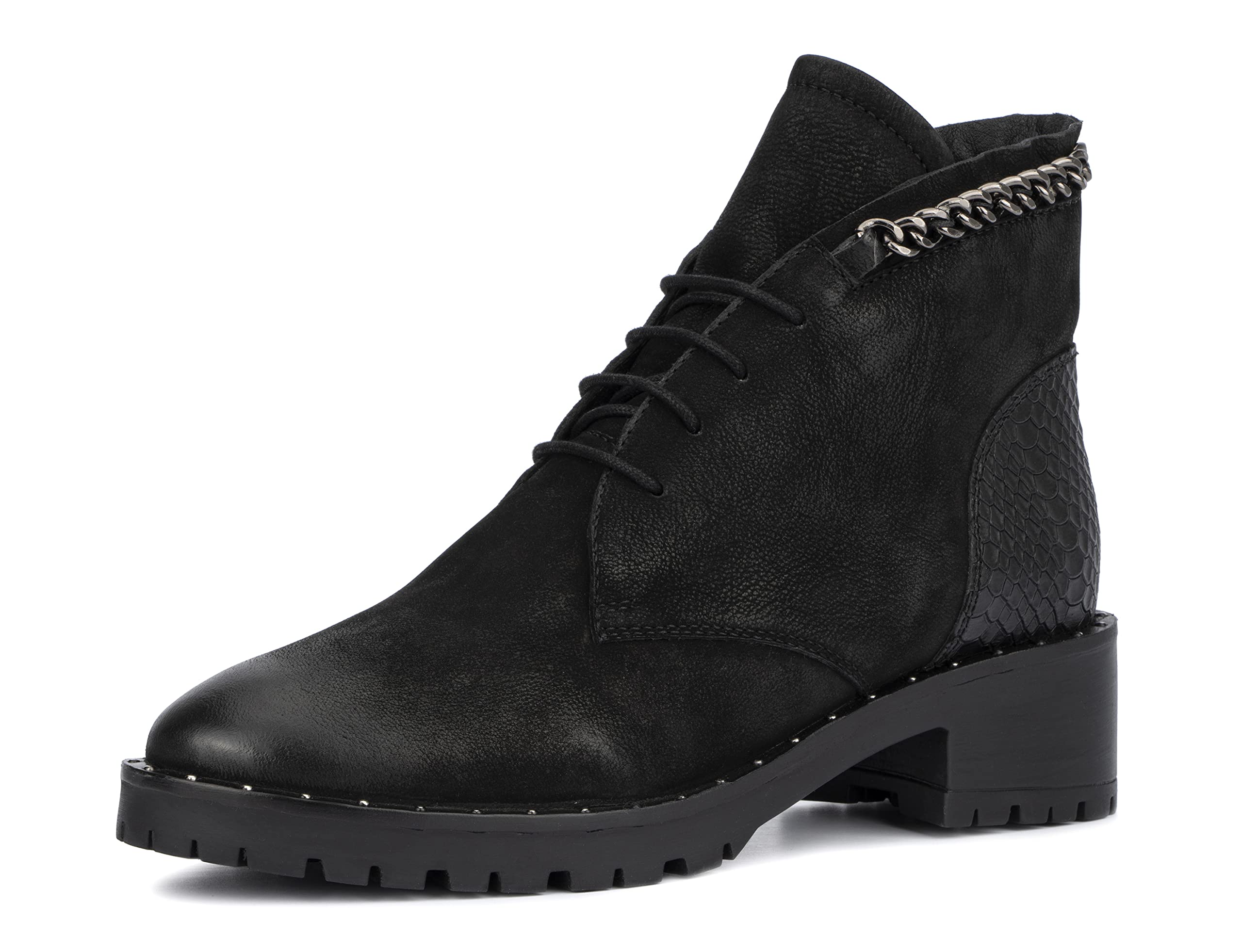 Vintage Foundry Co. Olga Women's Black Leather Combat Ankle Boots with Studs & Chains - Chunky Heel, Round Toe, Lug Sole - Perfect for Biker, Punk & Gothic Fashion, Streetwear & Night Out