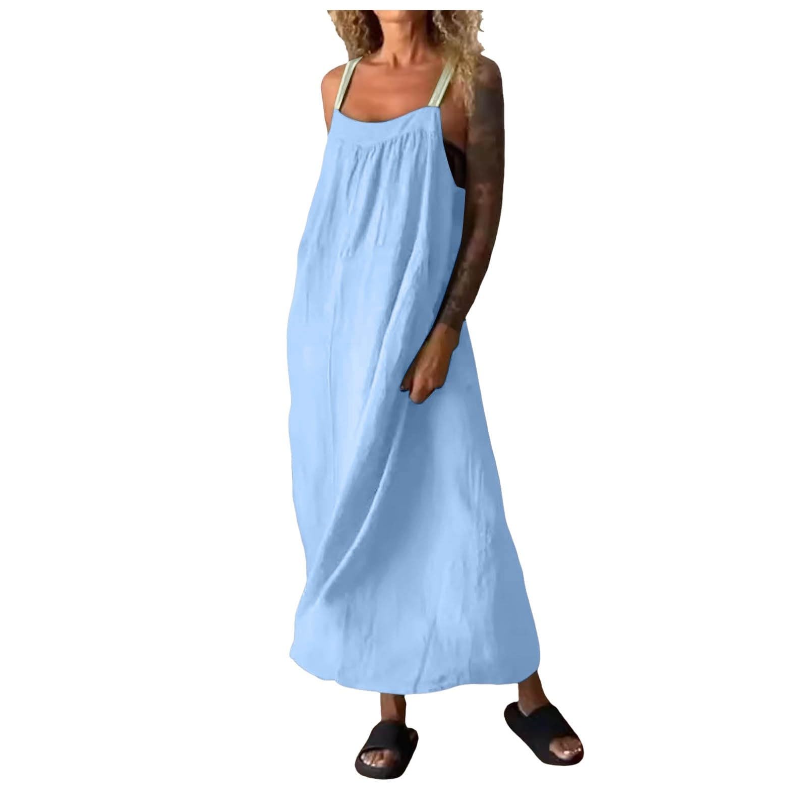 Women's Cotton Linen Sling Dress - Sleeveless Solid Plus Size Summer Beach Sundress | Casual Loose Fit Dress for Vacation, Poolside, and Outdoor Activities