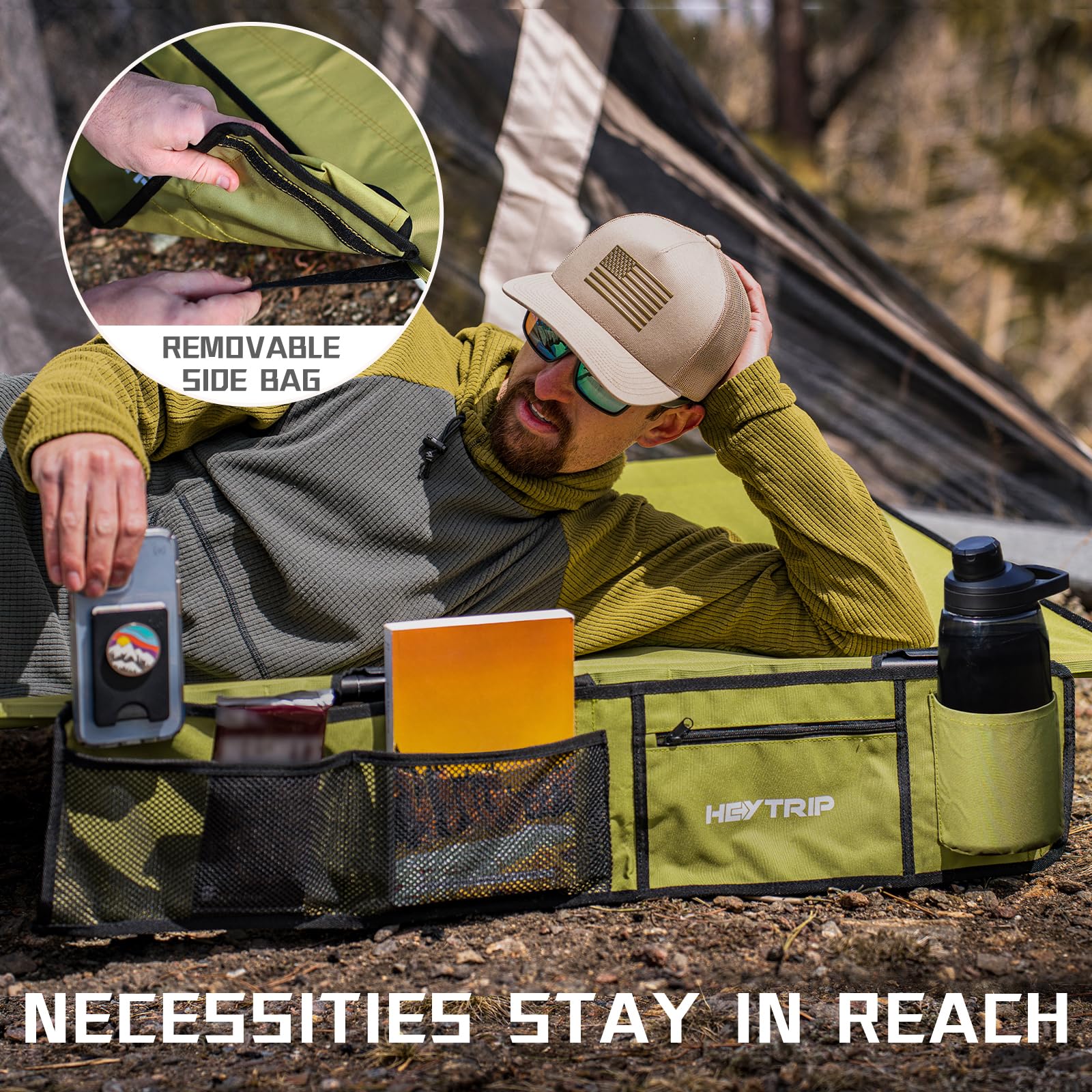 HEYTRIP Extra-Wide Folding Camping Cot - XXL Heavy Duty 350lb Capacity Portable Bed with Side Pocket & Carry Bag - Lightweight Quiet Sleeping Cot for Backpacking, Car Camping, Outdoor Adventures (Green)