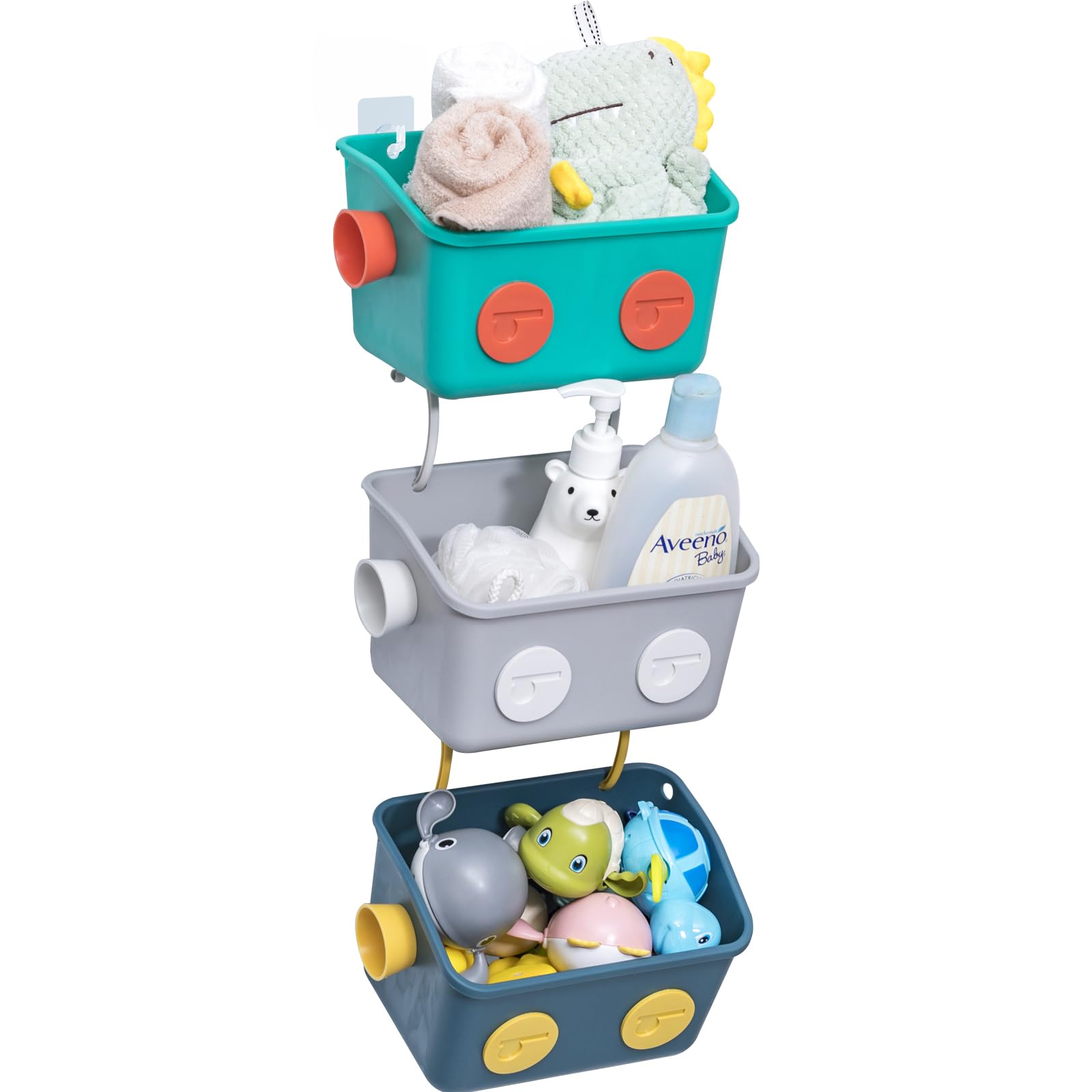 3-Tier Colorful Robot-Shaped Wall Mounted Bath Toy Storage Organizer Basket with Hooks - Perfect for Kids' Shower Caddy, Shampoo & Bath Accessories Organization in Bathroom