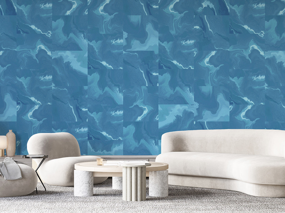 Blue Abstract Marble Squares Wall Mural AM028 - Peel and Stick Wallpaper for Living Room, Bedroom, Office Decor | Modern Geometric Home Design