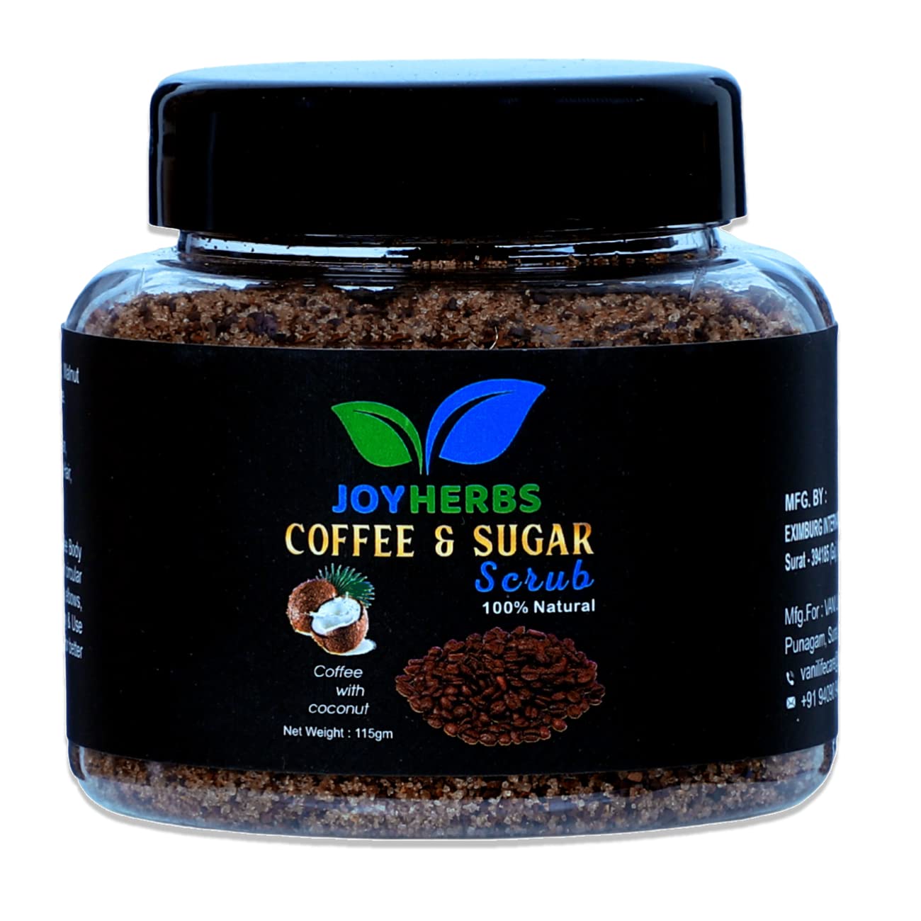 JOYHERBS Exfoliating Coffee & Sugar Body Scrub - Natural Tan Removal & Skin Brightening | Coconut Oil Enriched for Soft, Smooth Skin | Unisex Skincare | Removes Dead Cells & Impurities (115g) | Perfect for Post-Sun Care & Pre-Party Glow Prep