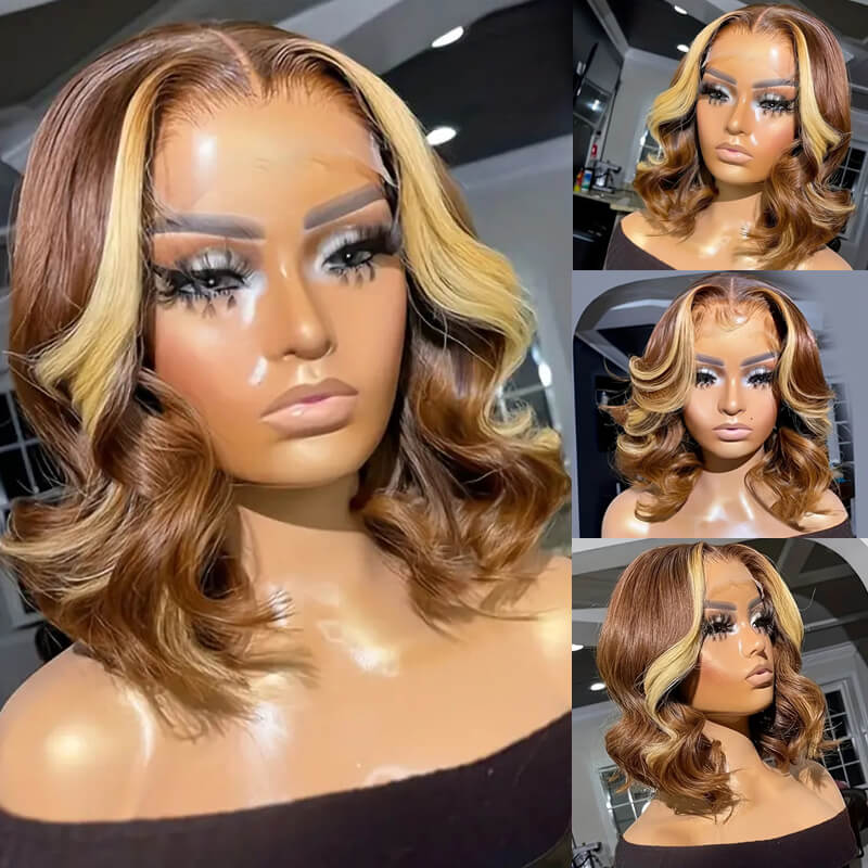 Eullair Short Layered Straight Bob Wig - Chocolate Brown with Honey Blonde Highlights 100% Human Hair Wavy Loose Wig for Women | Perfect for Cosplay, Daily Wear & Costume Parties