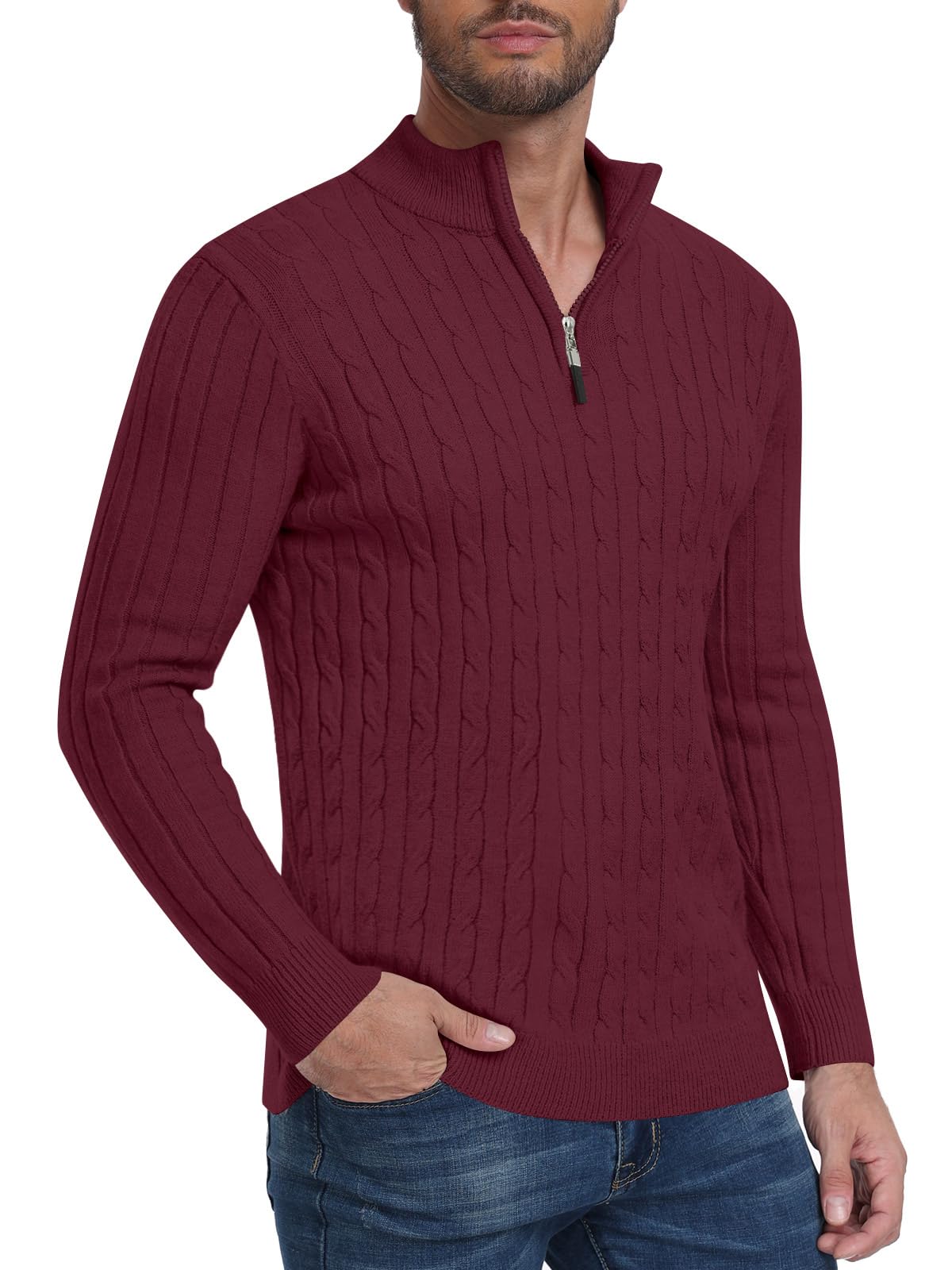 Men's Slim Fit Quarter Zip Sweater - Thick Mock Neck Pullover Casual Polo Sweater for Work, Office & Outdoor Activities