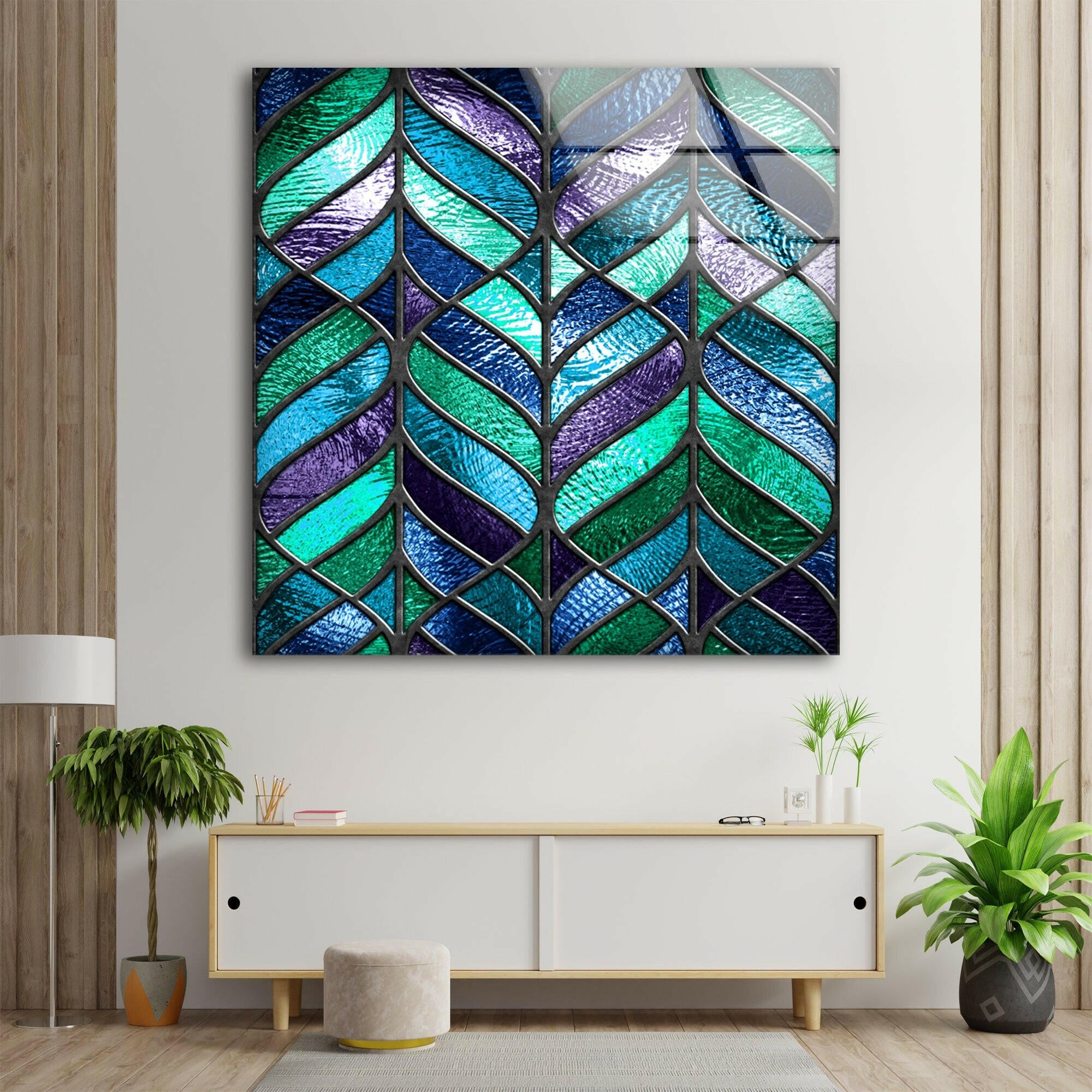 Blue and Green Abstract Glass Wall Art - Modern Handmade Glass Painting for Home & Office Decor - Perfect for Living Room, Bedroom, or Office Wall Decor