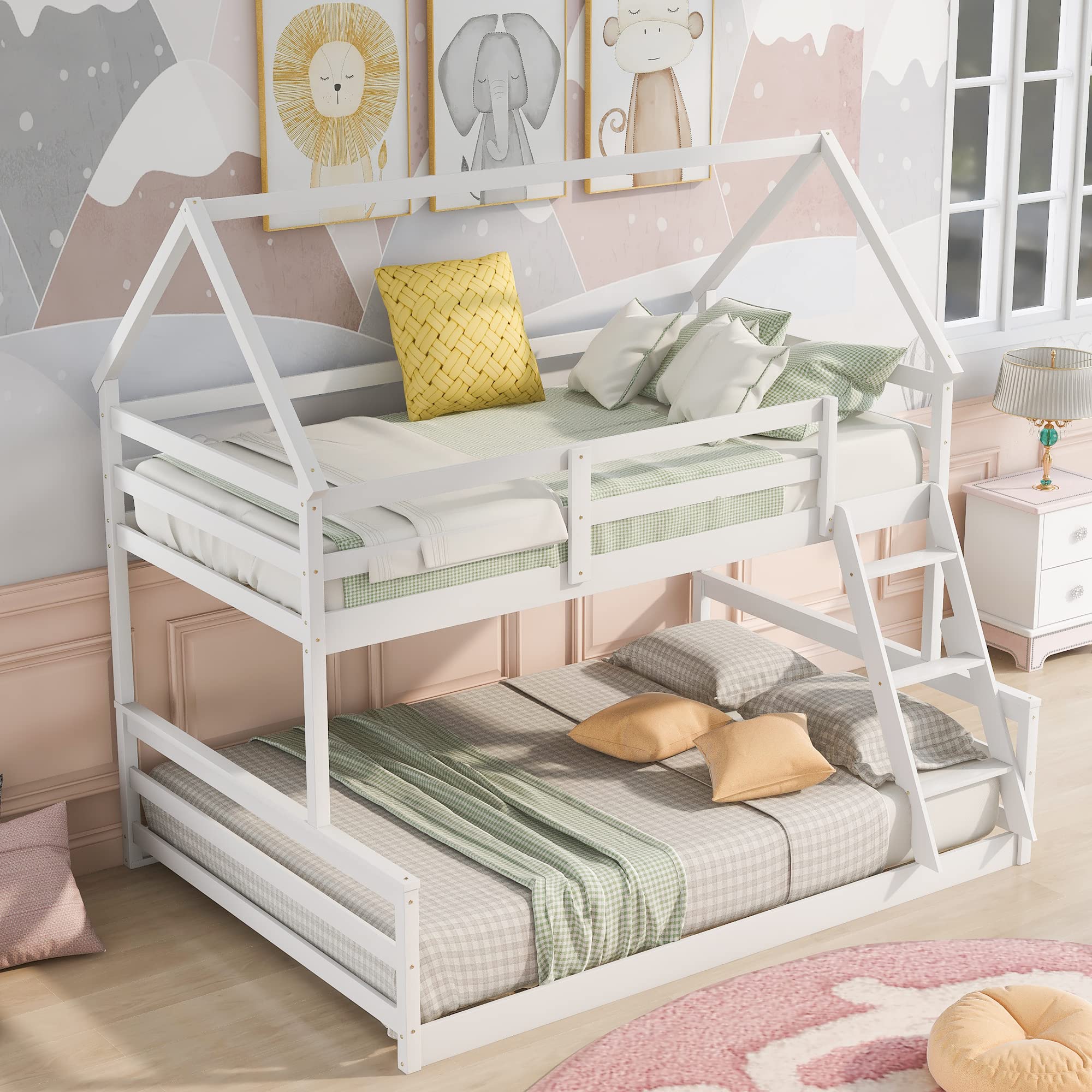 SOFTSEA Junior's House Twin Over Full Bunk Bed with Built-in Ladder - Low Profile Kids Bunk Bed, No Box Spring Required - Perfect for Small Bedrooms, Shared Kids Rooms & Sleepovers