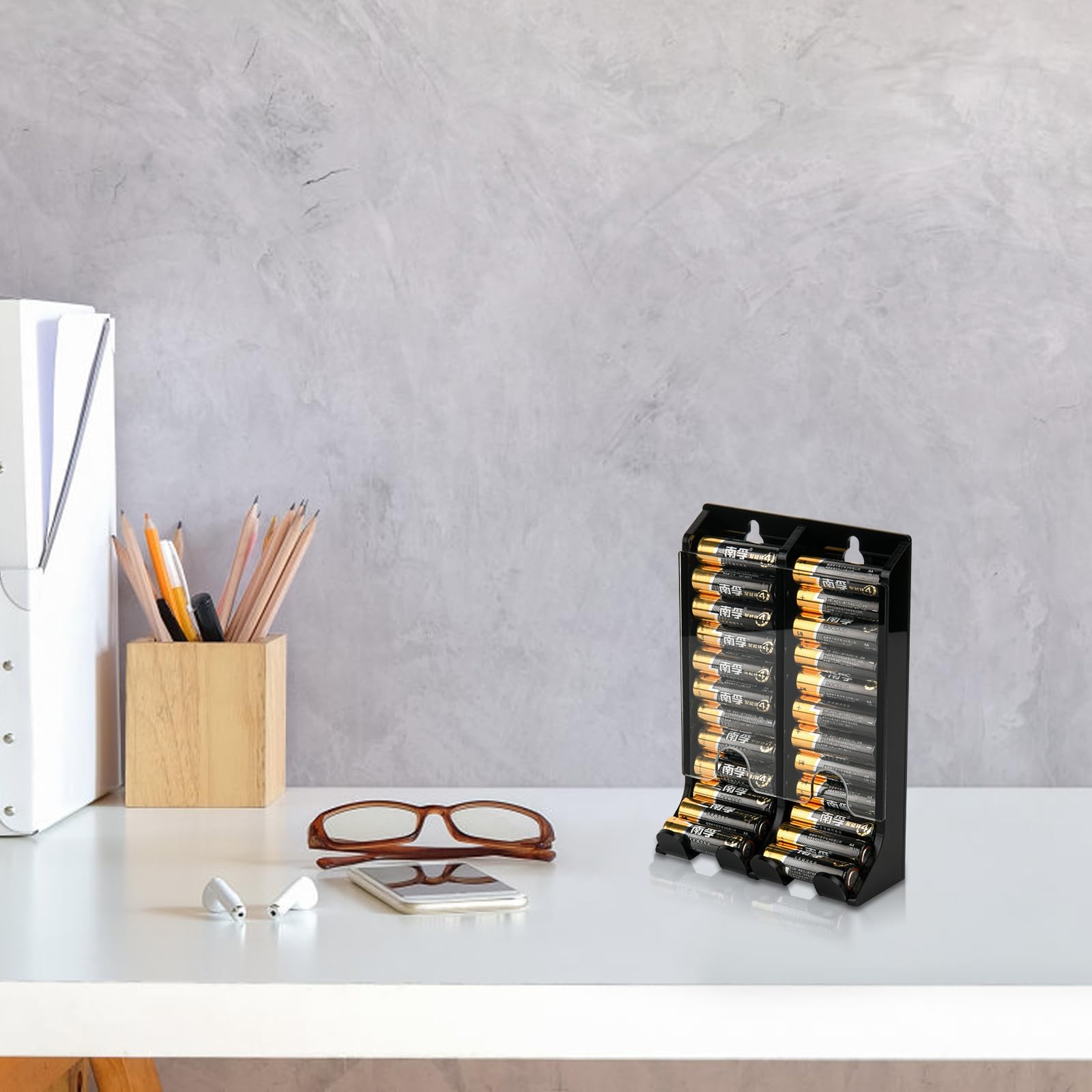 Acrylic AA Battery Organizer Storage Holder - Wall Mount Dispenser Holds 22 Batteries, FIFO Small Chute Container (Black) - Perfect for Home, Office & Garage Organization
