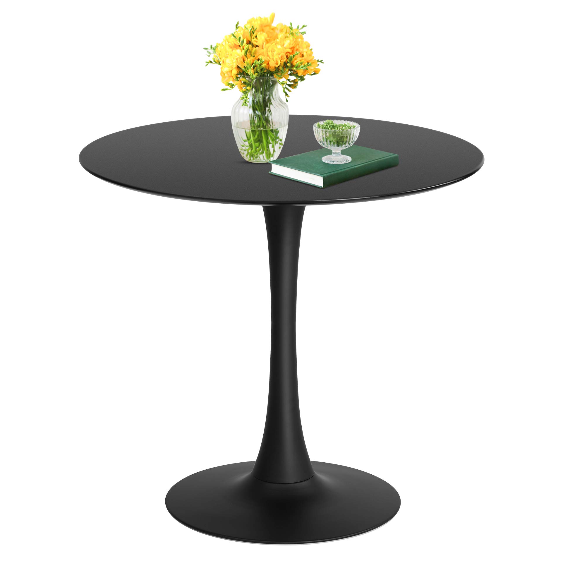 Tomile 32 Inch Modern Tulip Dining Table - Round Mid-Century Kitchen Table with Metal Pedestal Base, Black Wooden Top for Dining Room, Breakfast Nook, or Coffee Table Use