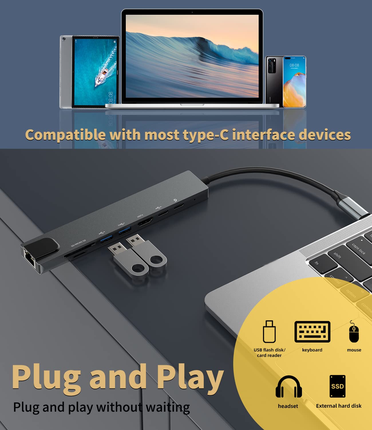iPhone 15 Pro Max 8-in-1 USB C Hub with LAN Port, Micro/SD Card Reader, USB 3.0, HDMI, Thunderbolt 4 Fast Charging & DisplayPort - Universal Docking Station for MacBook Pro, HP, Surface & More - Perfect for Work, Gaming & Home Office Setup