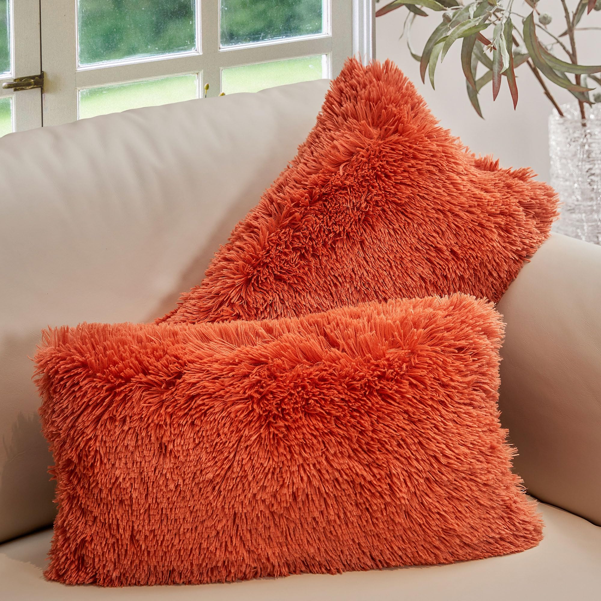 Soft Shaggy Throw Pillows Set of 2 (12x20 Inches) - Rust Orange Faux Fur Couch & Bed Pillows with Inserts Included - Cozy Long Hair Decorative Pillows for Living Room, Bedroom & Home Decor