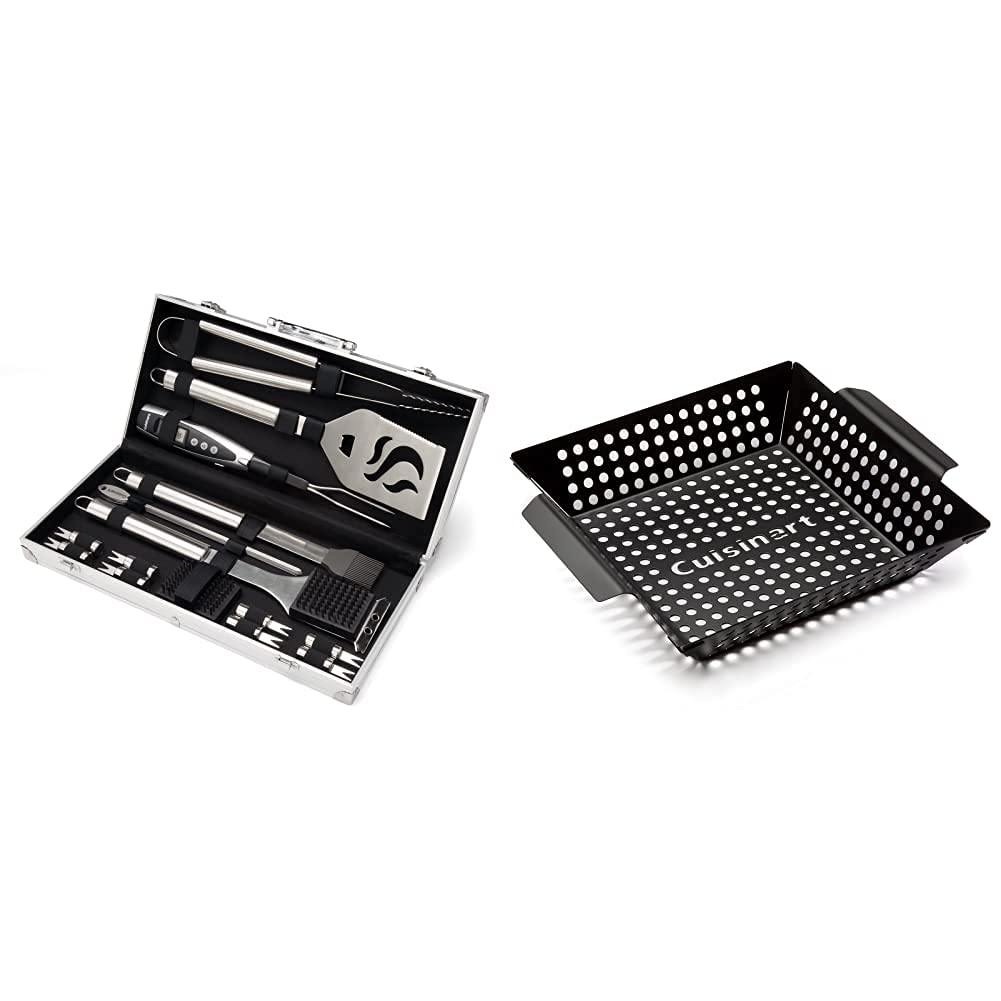 Premium Cuisinart Deluxe 20-Piece Stainless Steel Grill Set with Non-Stick Grill Wok - Perfect for BBQ, Outdoor Cooking & Backyard Parties - Model CGS-5020 & CNW-328