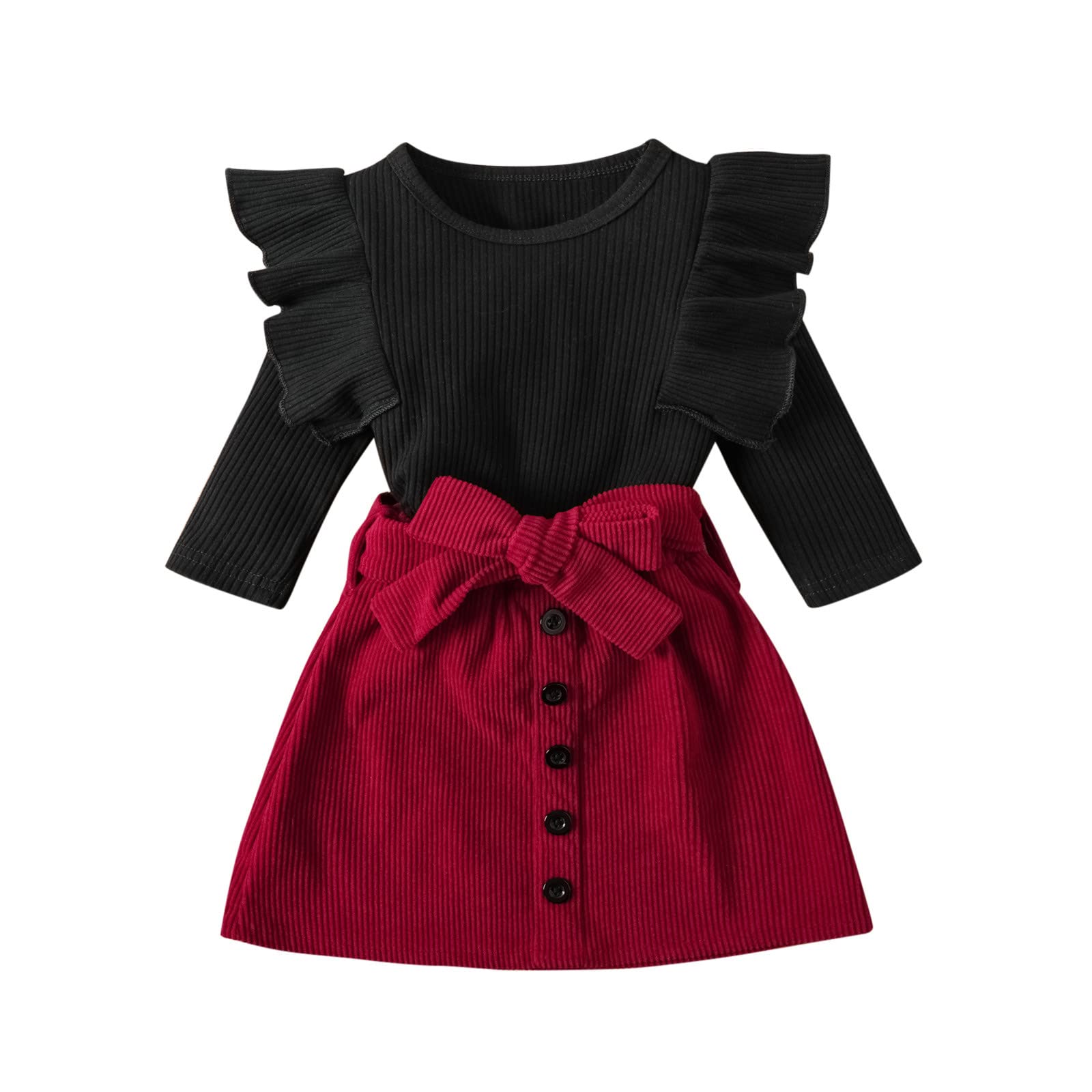 Toddler Girls' 2-Piece Fall Outfit Set - Ribbed T-Shirt & Button Mini Skirt | Cute Baby Girl Clothes for Playdates, Preschool & Family Photos | Soft Cotton Kids Fashion