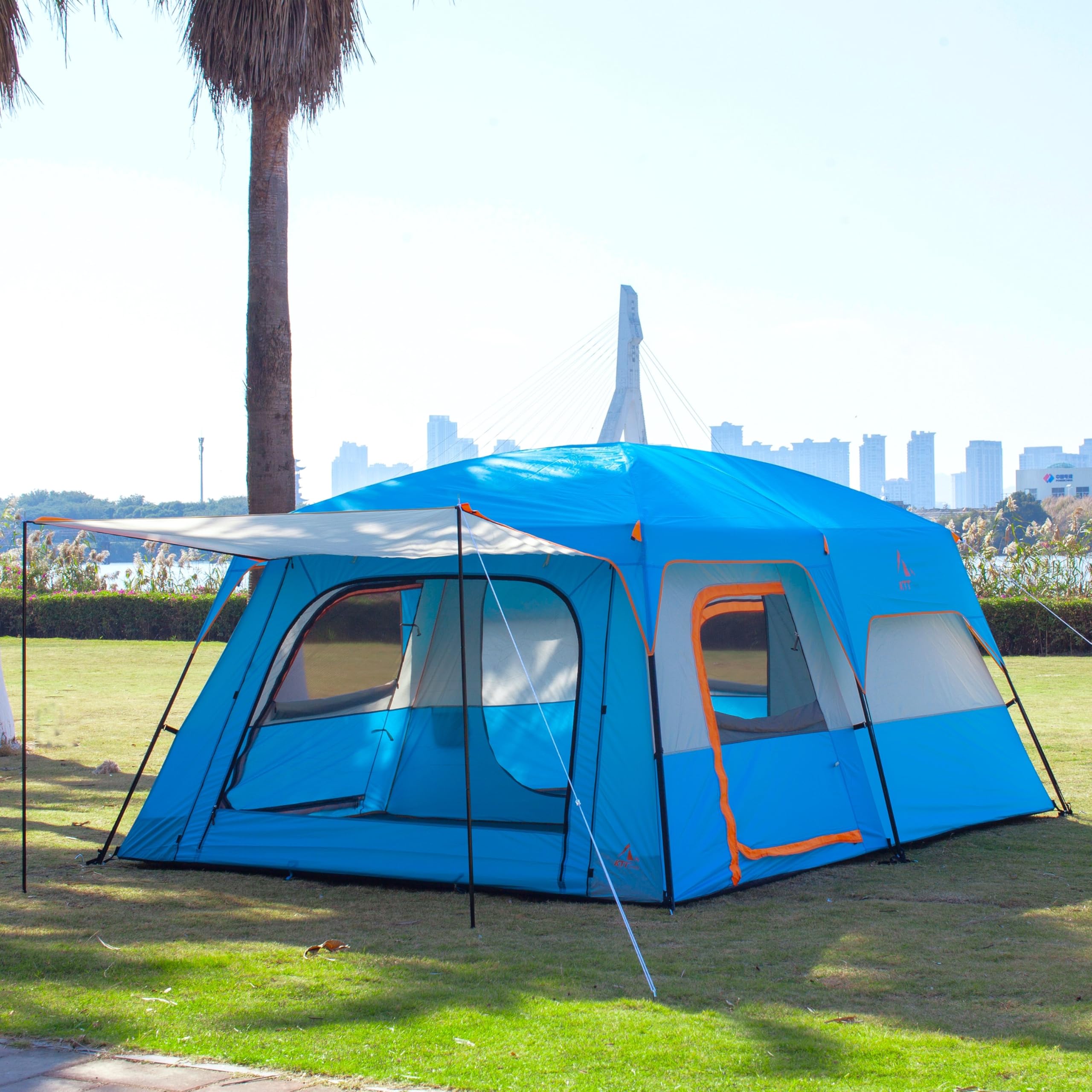 KTT Extra Large Family Cabin Tent for 10-12-14 People (Style B) - 2 Rooms, 3 Doors & 3 Windows with Mesh, Waterproof Double Layer Straight Wall Design - Perfect for Camping, Picnics, Outdoor Adventures & Family Gatherings
