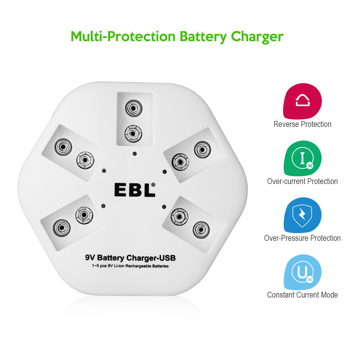 EBL 5-Pack 9V Lithium Ion Rechargeable Batteries with 5-Bay Smart Charger - Perfect for Smoke Detectors, Guitar Pedals & Electronic Devices