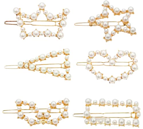 Panaakhi Gold Plated Geometric Hair Clips Set of 6 - Pearl & Cubic Zircon Embellished Hair Accessories for Women & Girls | Perfect for Weddings, Parties & Everyday Elegance
