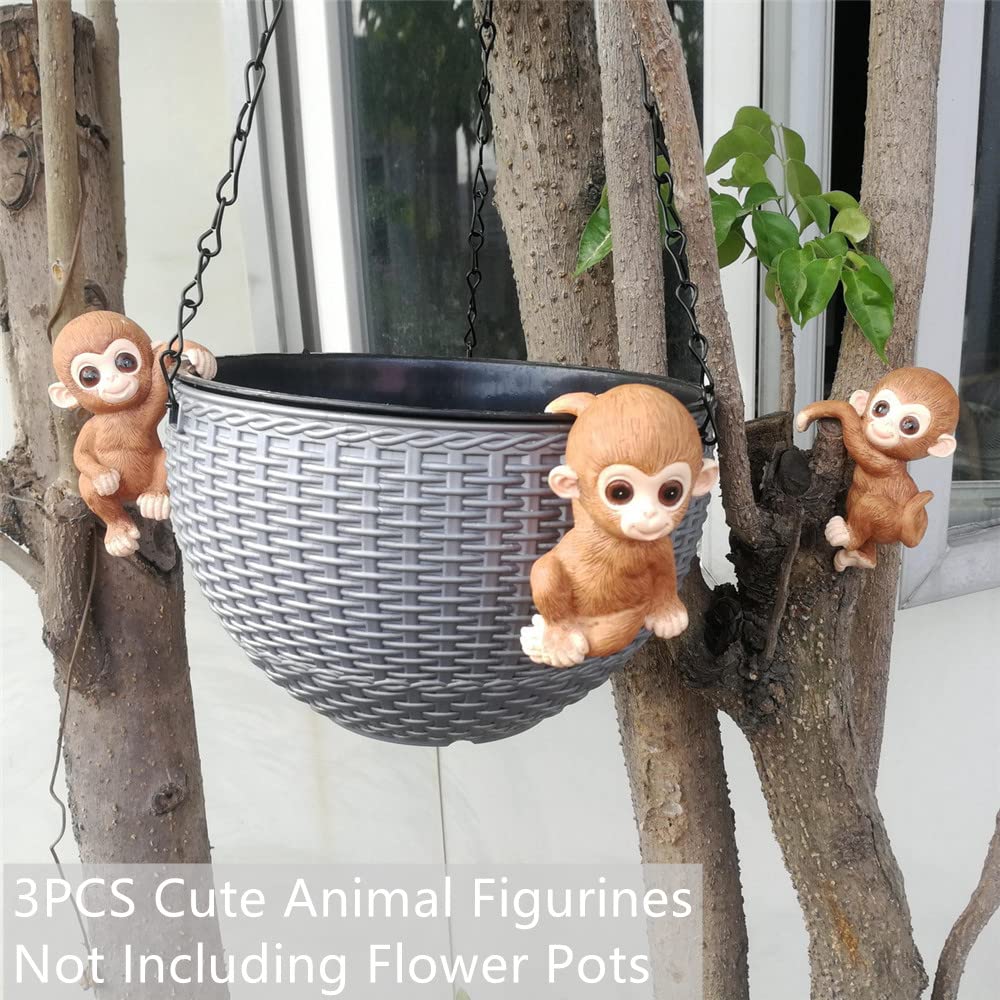 Cute Animal Figurine Planter Pot Hangers - Set of 3 Resin Hanging Monkey Sculptures for Outdoor Garden Decor, Flower Pot Climbing Ornaments | Perfect for Patio, Balcony & Indoor Plant Displays