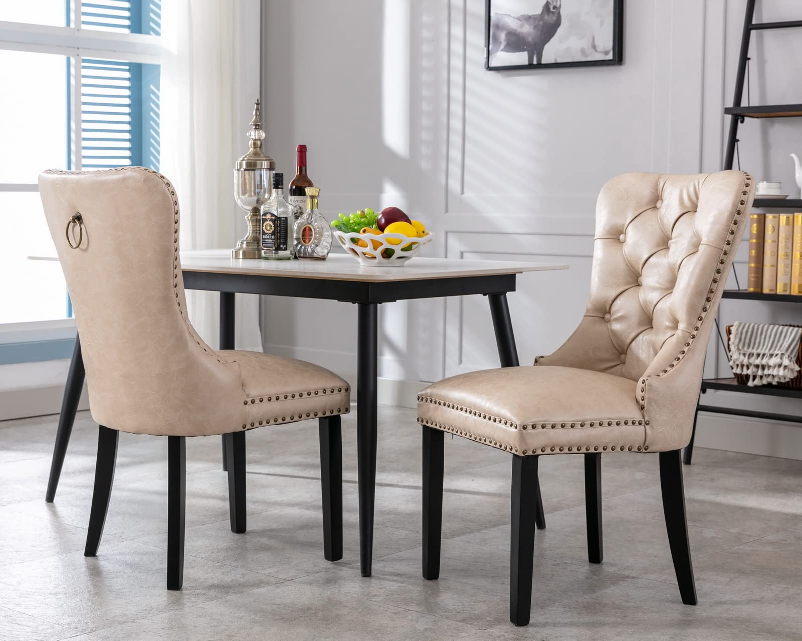 CIMOTA Mid Century Modern Dining Chairs Set of 2 - Beige PU Leather Tufted Upholstered Kitchen Chairs with Nailhead Trim & Ring Back Design | Comfortable for Dining Room, Breakfast Nook & Small Space Entertaining