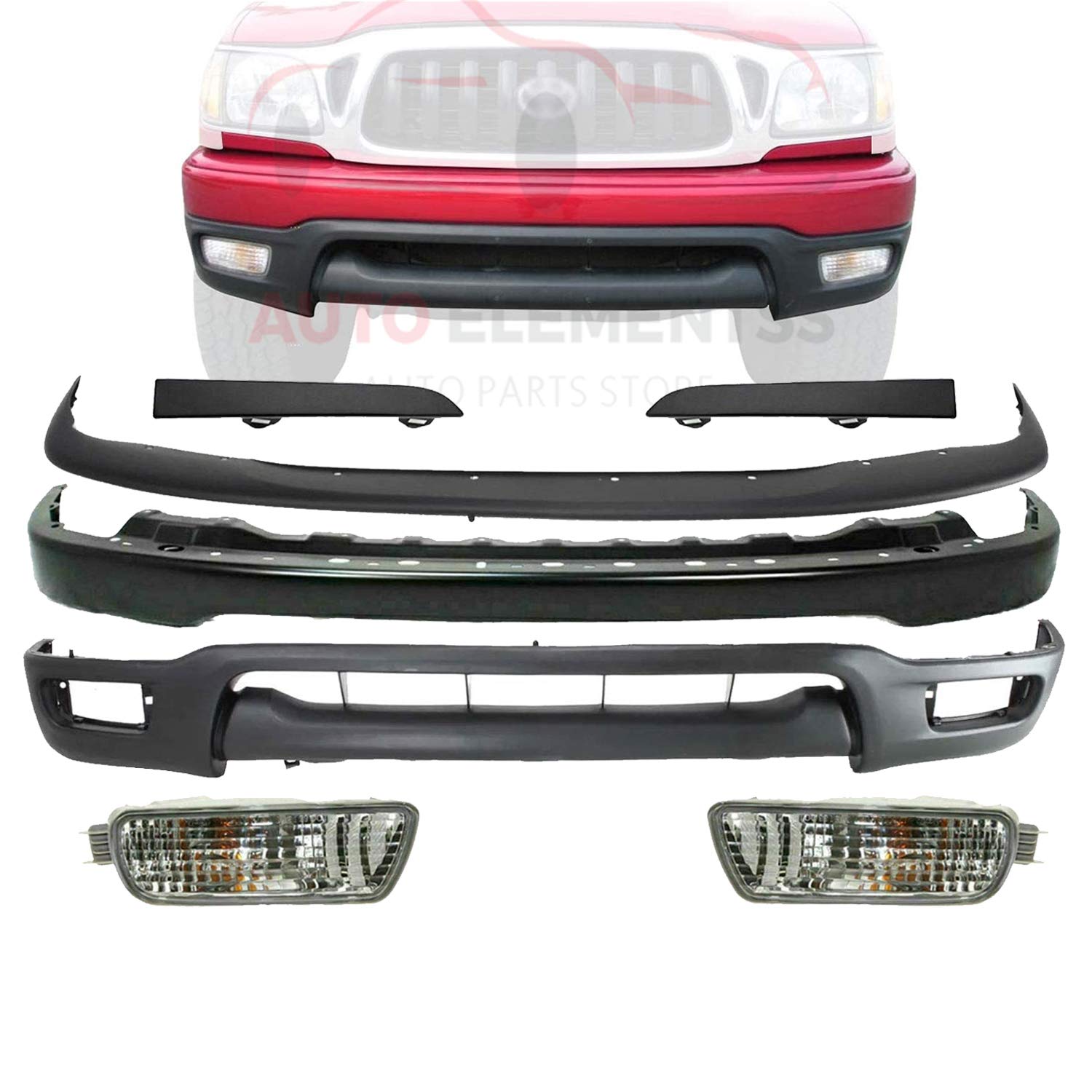 2001-2004 Toyota Tacoma Front Bumper Replacement Kit - Paintable Bumper, Primed Lower Valance, Upper Cover, Headlight Filler & Signal Lights (Right Passenger & Left Driver Side) | Direct Fit OEM Replacement for Pickup Trucks | Perfect for Off-Roading & Daily Commuting