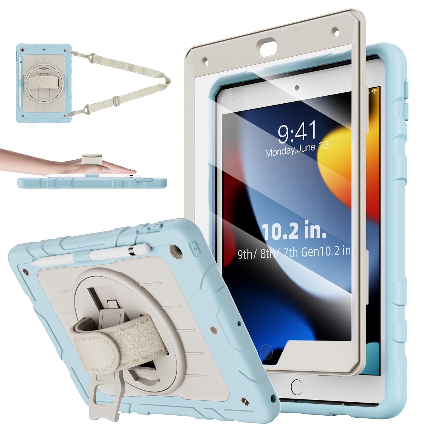 Premium iPad 9th/8th/7th Generation Case with Built-in Screen Protector - 360° Rotating Hand Strap, Shoulder Strap & Pencil Holder for iPad 10.2 inch 2021-2019 (Blue/Beige) - Perfect for Work, School & Travel Protection