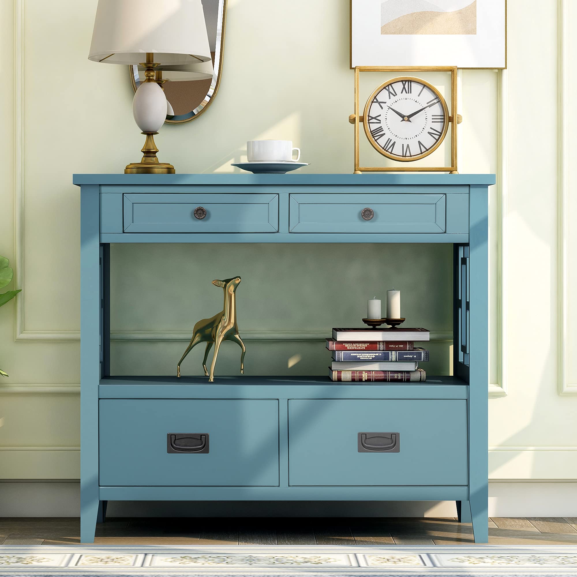 Knocbel 36 Inch Farmhouse Entryway Console Table with Storage Drawers & Open Shelf - Rustic Sofa Table for Hallway, Living Room - 99lbs Weight Capacity (Light Blue) | Perfect for Small Spaces, Apartment Decor & Home Organization