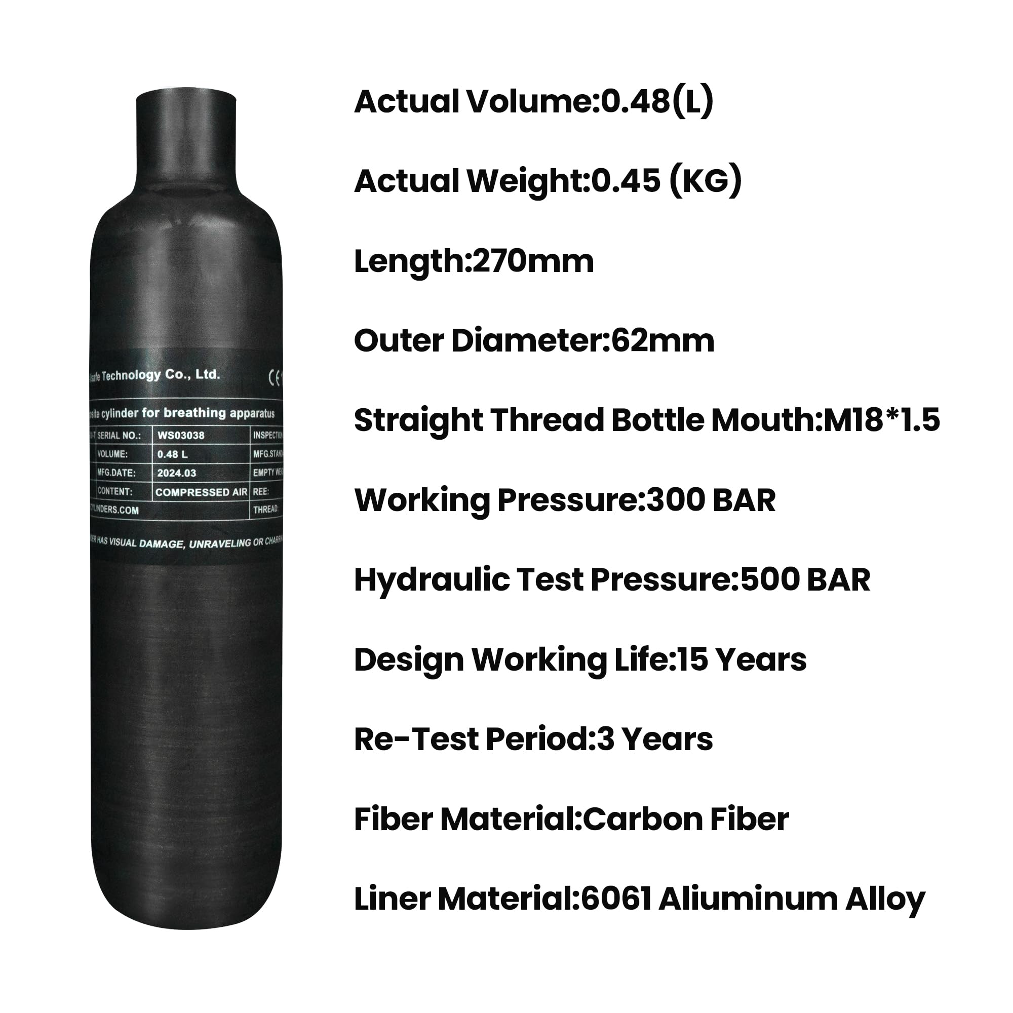 TUXING 4500Psi PCP Air Tank - 0.48L (29Cu in) Carbon Fiber HPA Cylinder for Paintball, Hunting & PCP Air Rifles - Compatible with Daystate & FX (M18x1.5 Thread) - Perfect for Outdoor Sports, Target Practice & Airgun Enthusiasts