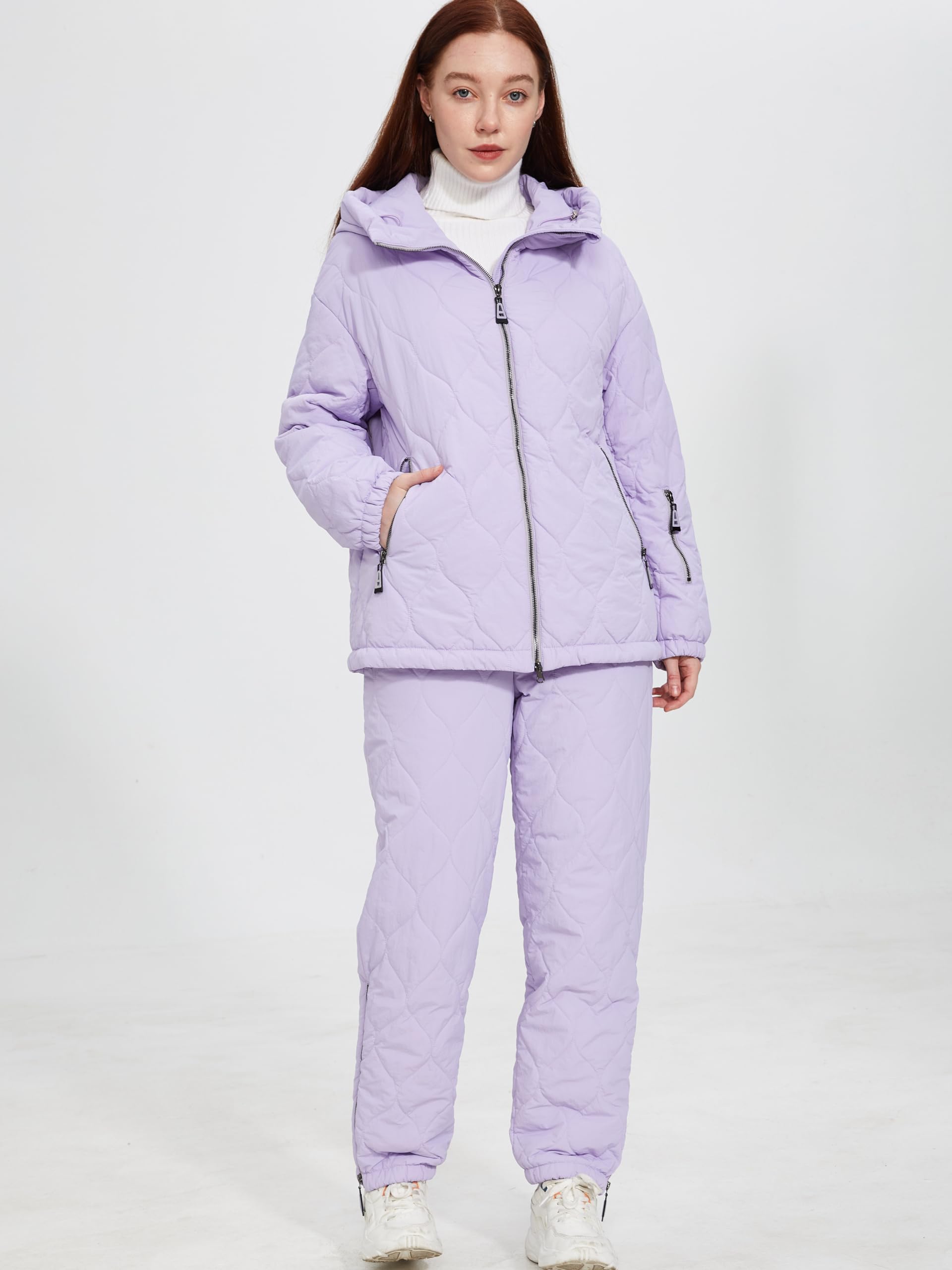 Women's 2-Piece Snow Suit Set - Quilted Waterproof Ski Jacket & Padded Jogger Pants with Hood for Winter Sports | Warm Puffer Coat Outfit for Skiing, Snowboarding & Cold Weather Activities