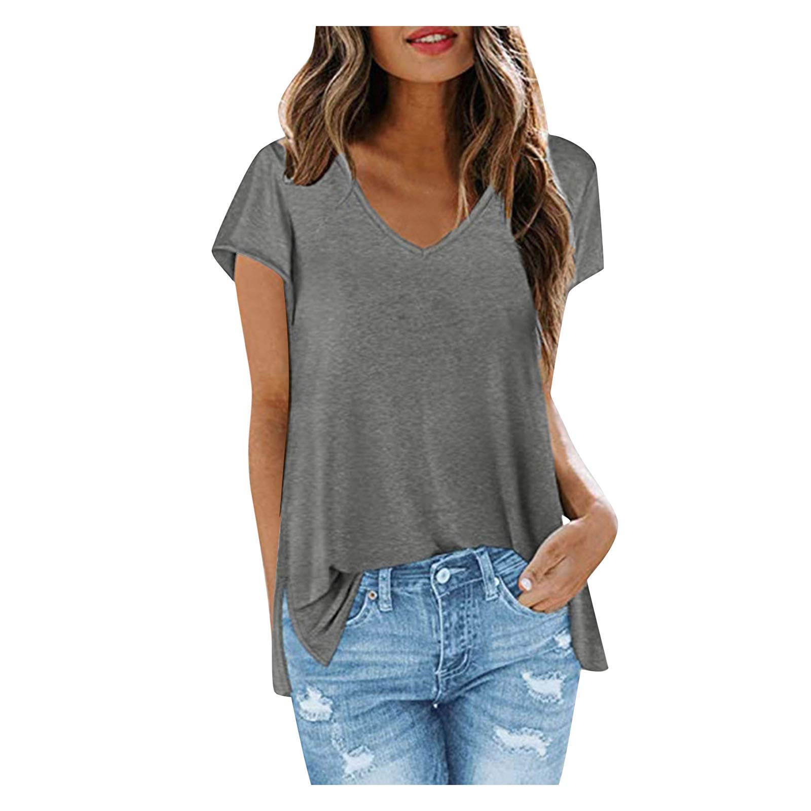 Women's Loose Fit V-Neck Short Sleeve Flowy T-Shirt - Solid Color Casual Summer Top for Everyday Wear, Outings & Beach Cover-Up