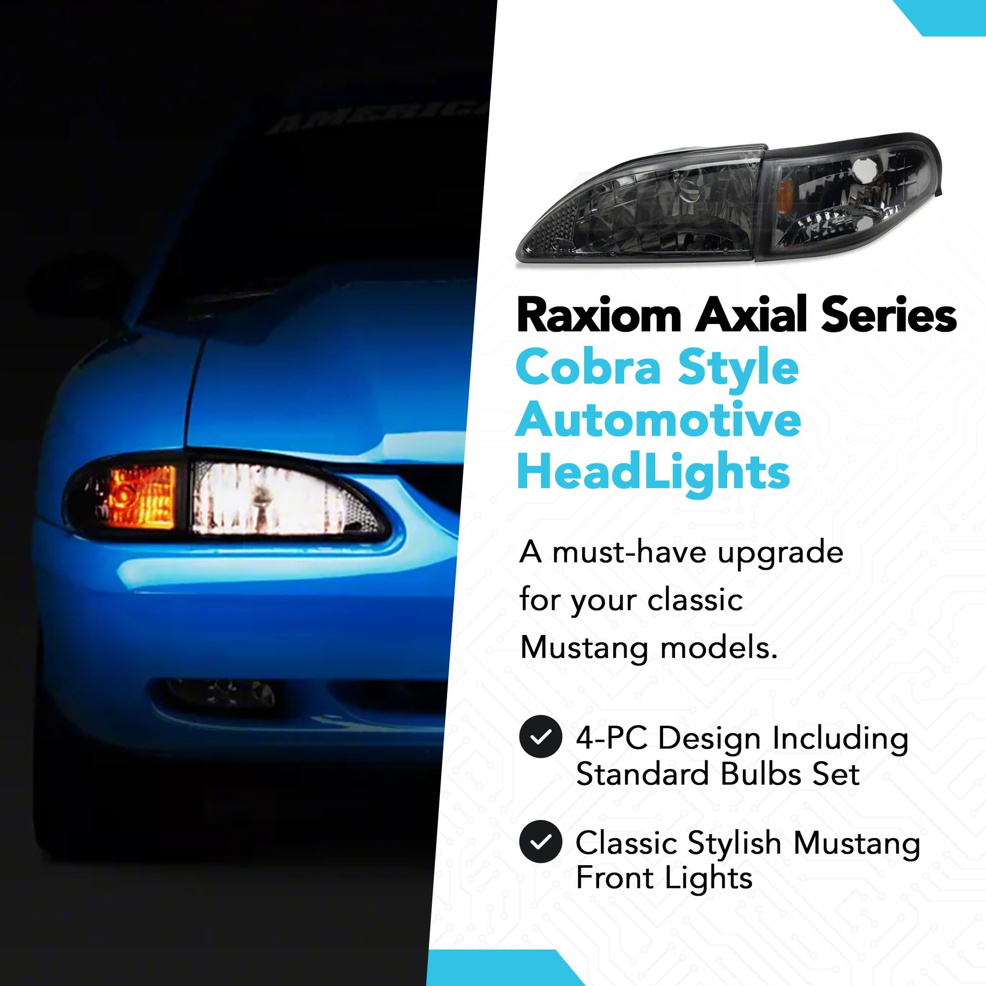 Black Axial Cobra Style Headlights for 1994-1998 Ford Mustang | Classic Muscle Car Lighting Upgrade | Perfect for Night Driving & Car Shows