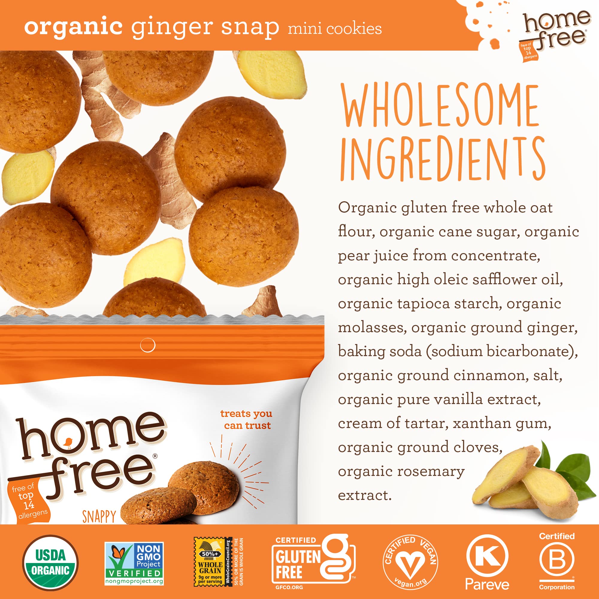 Organic Mini Ginger Snap Cookies - Gluten Free, Nut Free, Vegan, School Safe Snack - Individually Wrapped 0.95 oz Packs (64 Count) - Perfect for Lunchboxes, Allergy-Friendly Treats & On-the-Go Snacking