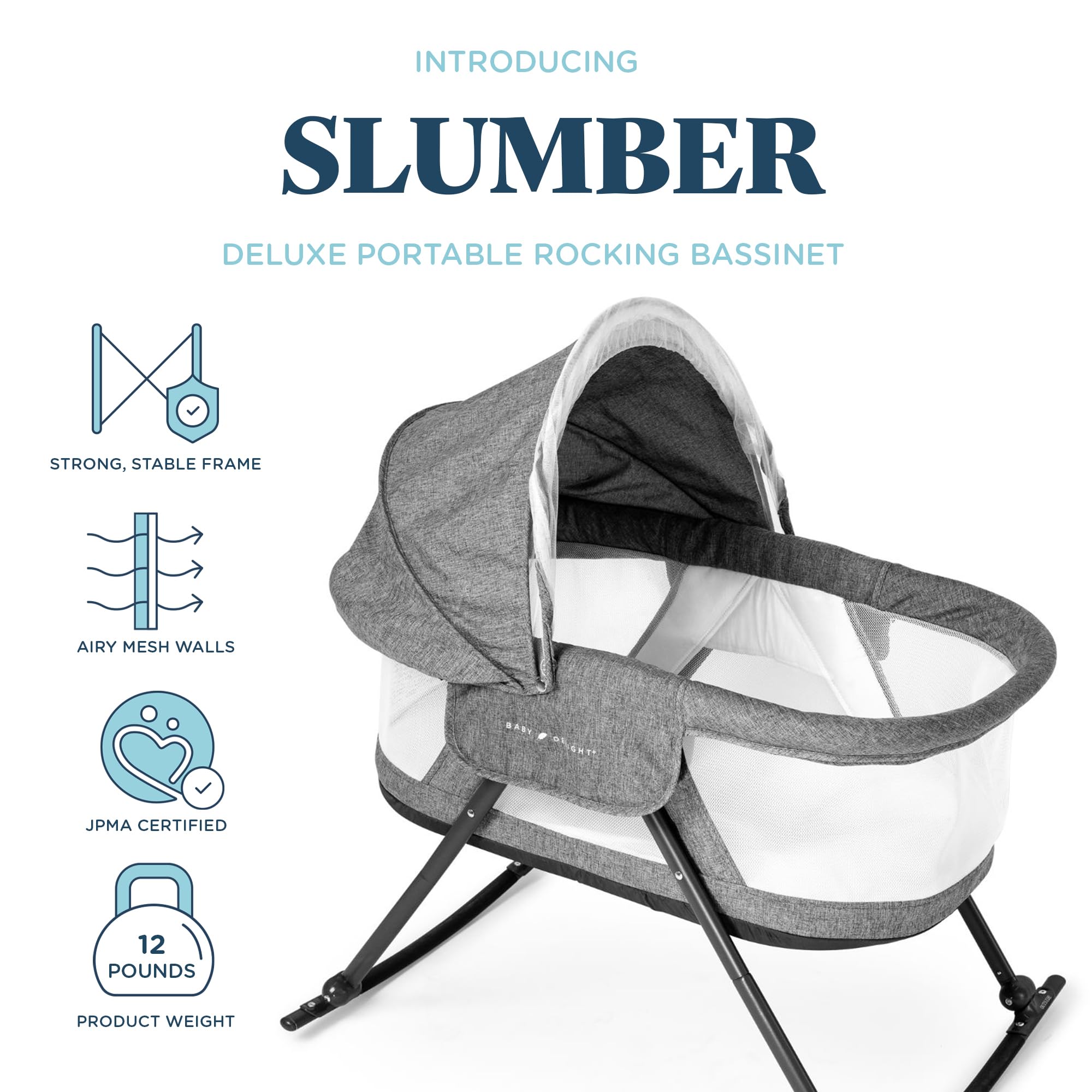 **Baby Delight Slumber Deluxe Rocking Bassinet – Portable Infant Bed with Removable Canopy, Charcoal Tweed – Perfect for Nursery, Travel & Co-Sleeping**