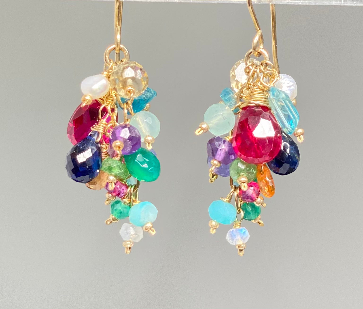 Pink Red Topaz Rainbow Gemstone Cluster Dangle Earrings - Gold Filled Boho Chic Jewelry for Women, Perfect for Parties, Weddings & Everyday Wear