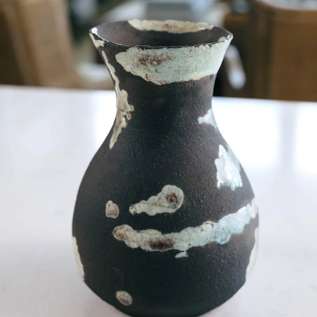 Decorative Boiled Raku Pot - Medium #23 - Charcoal & Seafoam Glaze - Creative Collection (SECONDS) - Perfect for Home Decor, Zen Gardens & Unique Gift Ideas