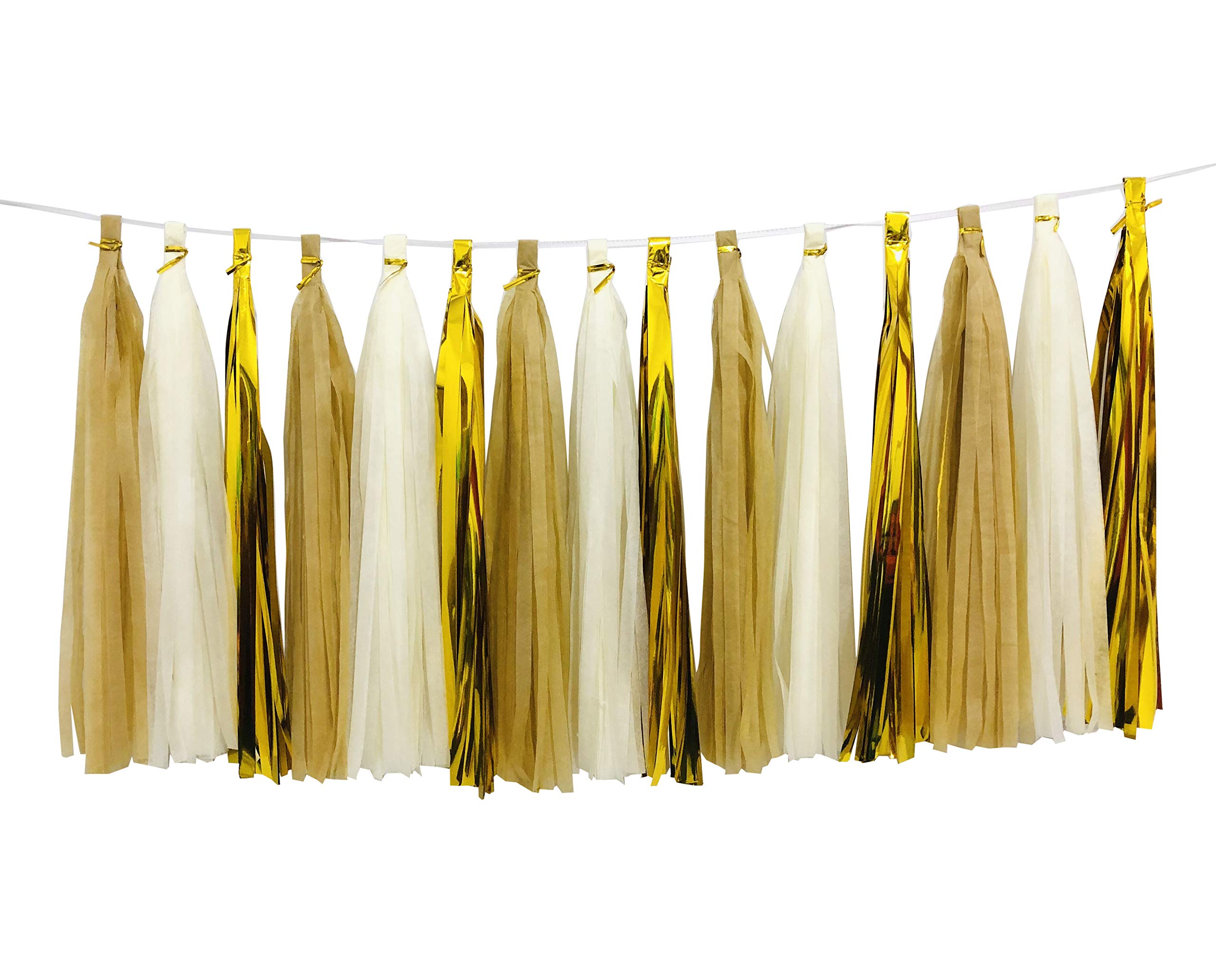 Shiny Tassel Garland - 15pcs Metallic Gold, Tan & Ivory Tissue Paper Tassels Banner for Birthday Party, Bridal Shower, Baby Shower, Wedding & Table Decorations - Perfect for Festive Events, Home Decor & Photo Backdrops